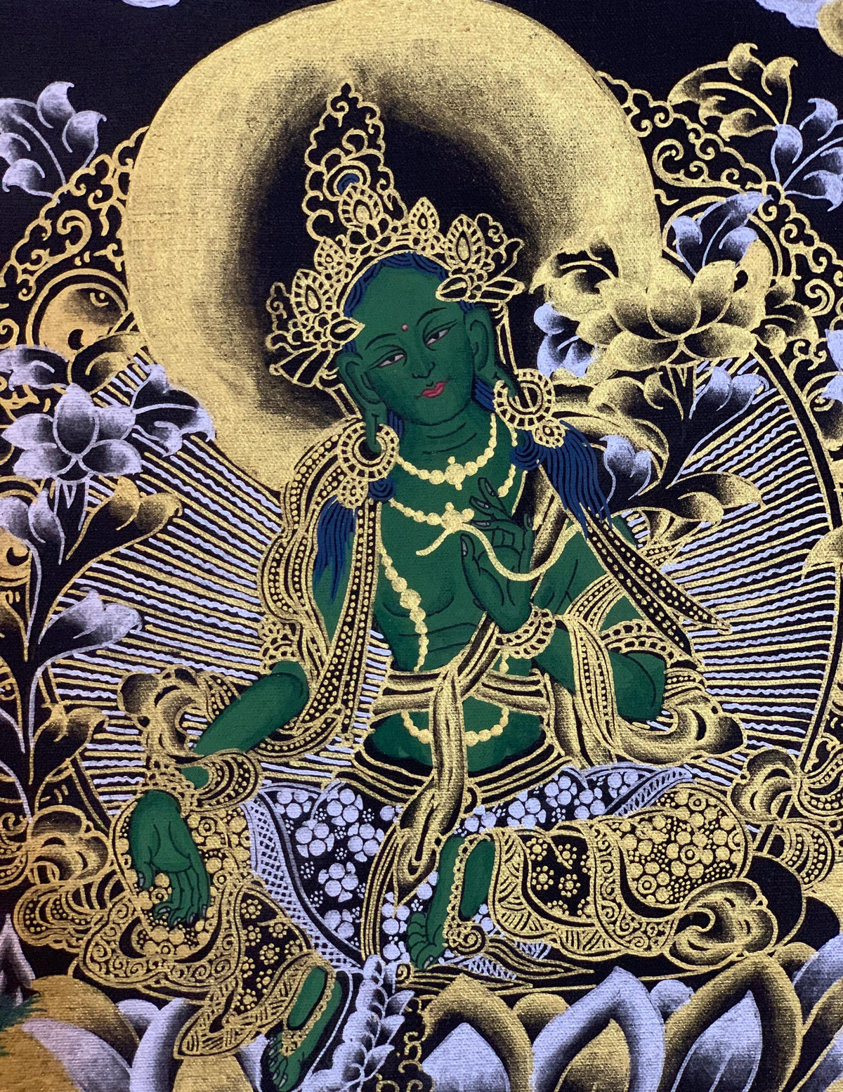Green Tara Tibetan Thangka Painting, Buddhist Art with Silk Frame