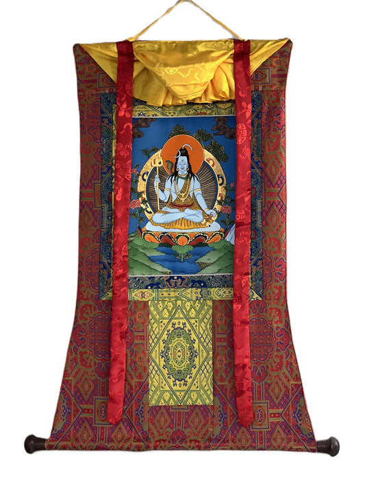 Hand-Painted Lord Shiva Thangka Painting with Silk Brocade