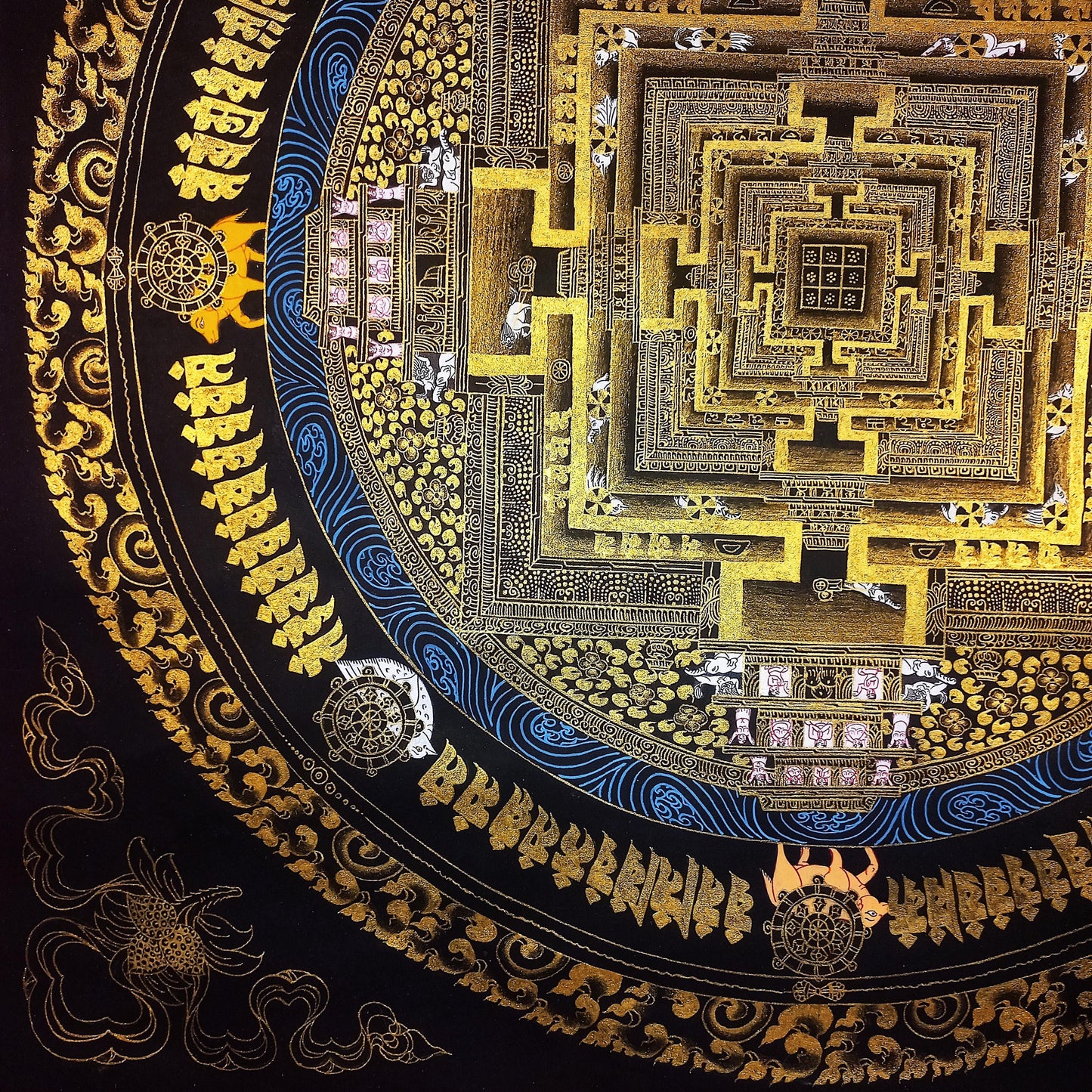 Hand-Painted Kalachakra Mandala Thangka, Black and Gold Wheel of Life