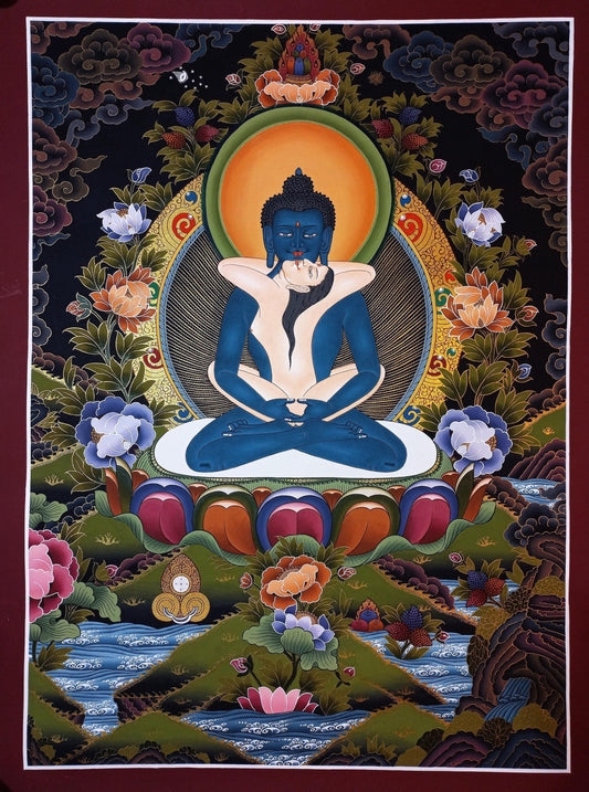24K Gold Samantabhadra Thangka Painting - Tibetan Yab-Yum Art