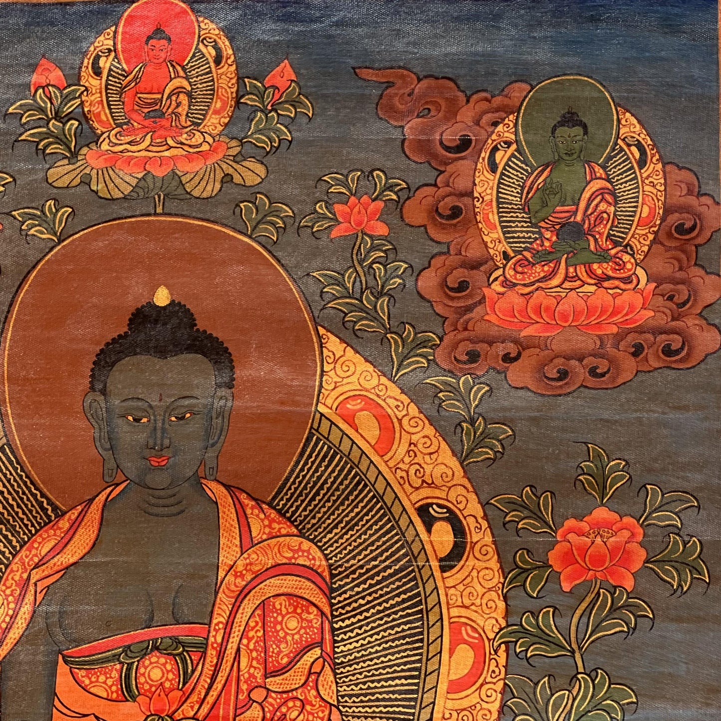 Medicine Buddha Thangka Painting with Silk Brocade- Hand-Painted Bhaisajyaguru Tibetan Healing Art, Oil Varnished