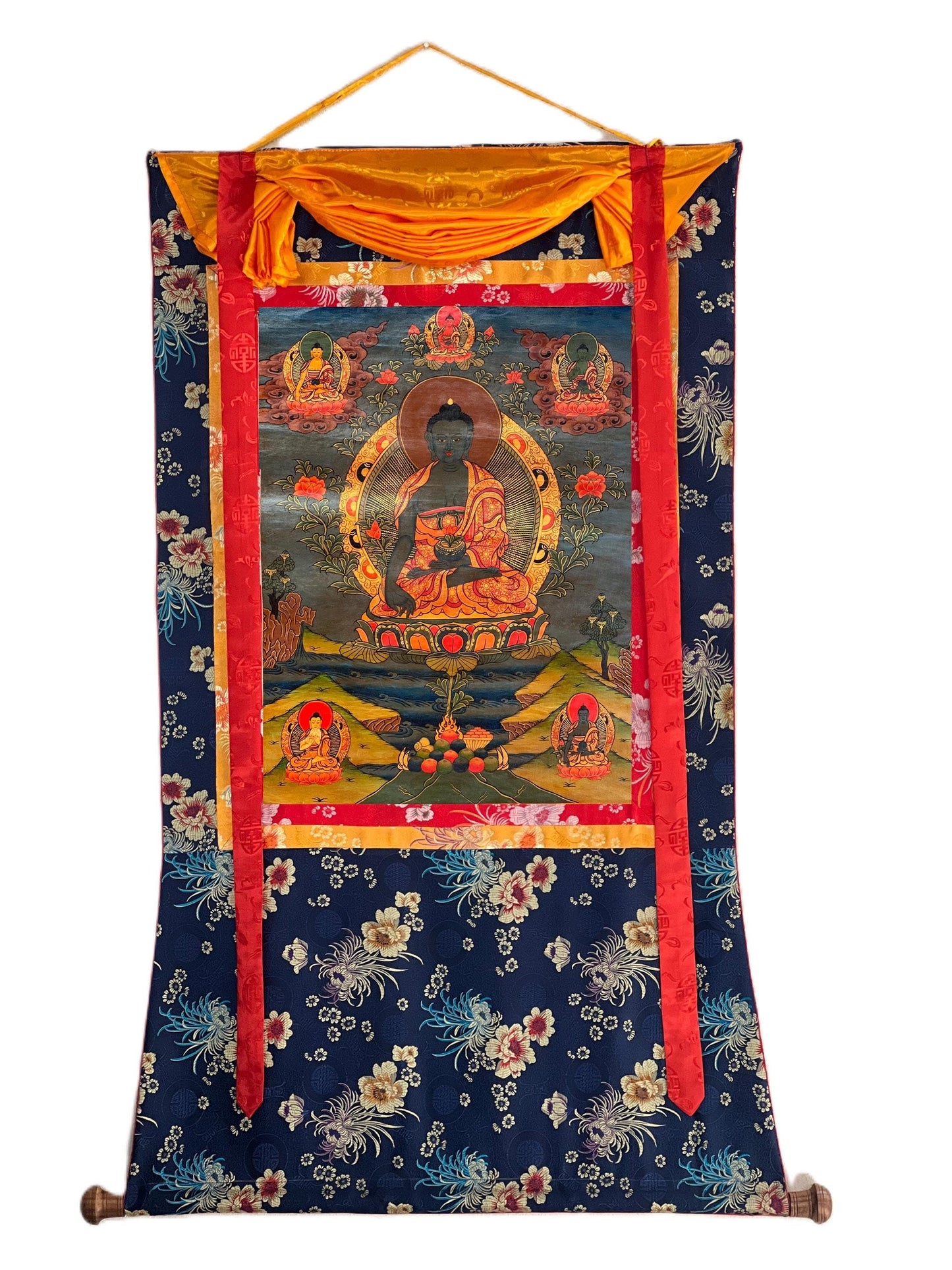 Medicine Buddha Thangka Painting with Silk Brocade- Hand-Painted Bhaisajyaguru Tibetan Healing Art, Oil Varnished