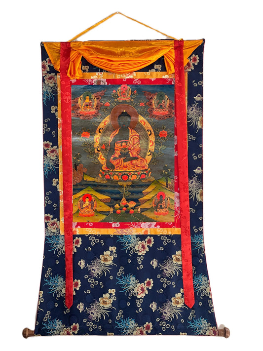 Medicine Buddha Thangka Painting with Silk Brocade- Hand-Painted Bhaisajyaguru Tibetan Healing Art, Oil Varnished