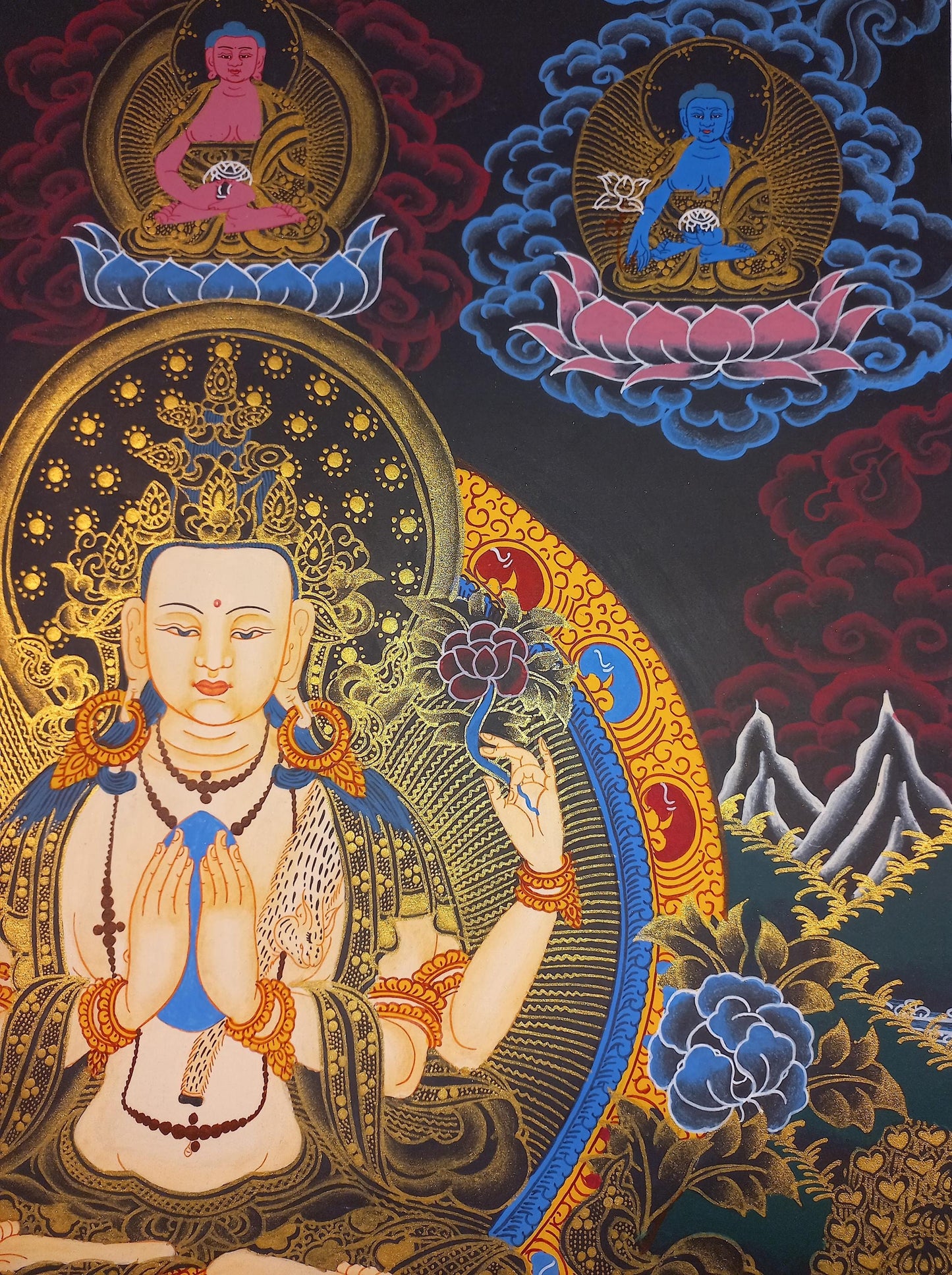 Hand Painted Chenrezig Thangka, Avalokiteshvara Buddha Art From Nepal (18x24-Inch)