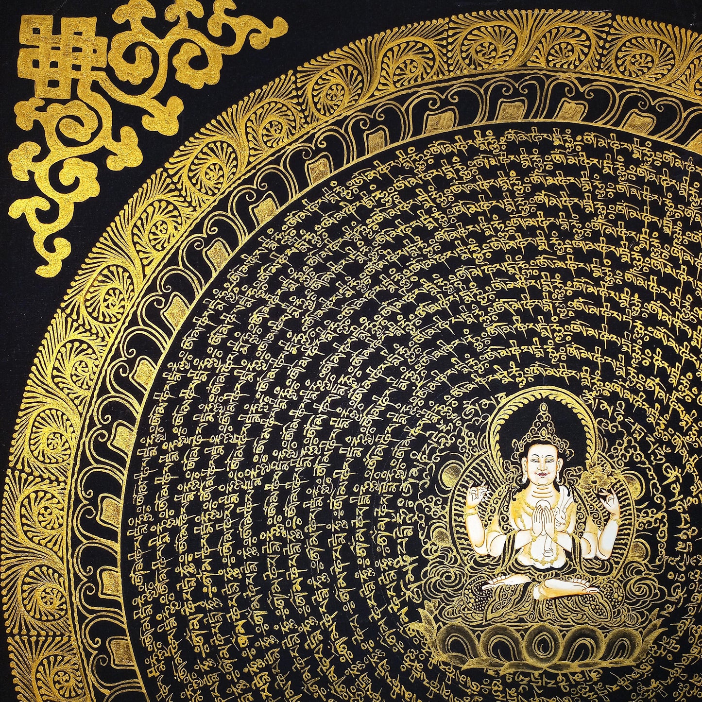 Hand-Painted Chenrezig Mandala, Black and Gold Tibetan Thangka Art