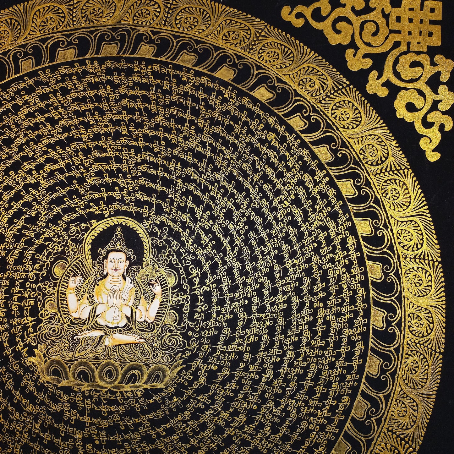 Hand-Painted Chenrezig Mandala, Black and Gold Tibetan Thangka Art