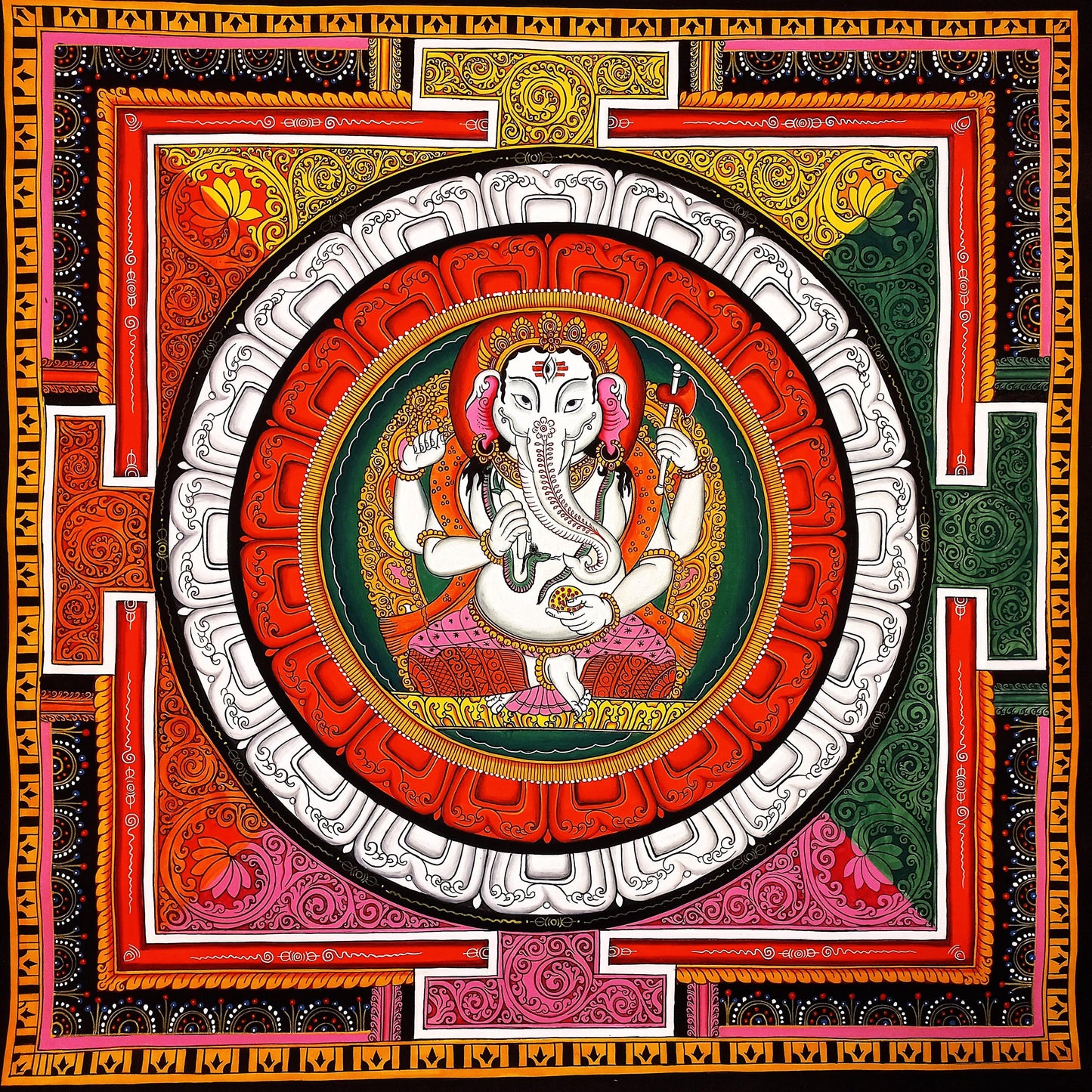 Ganesha Sriyantra Painting, Newari Paubha Art, Wealth & Prosperity