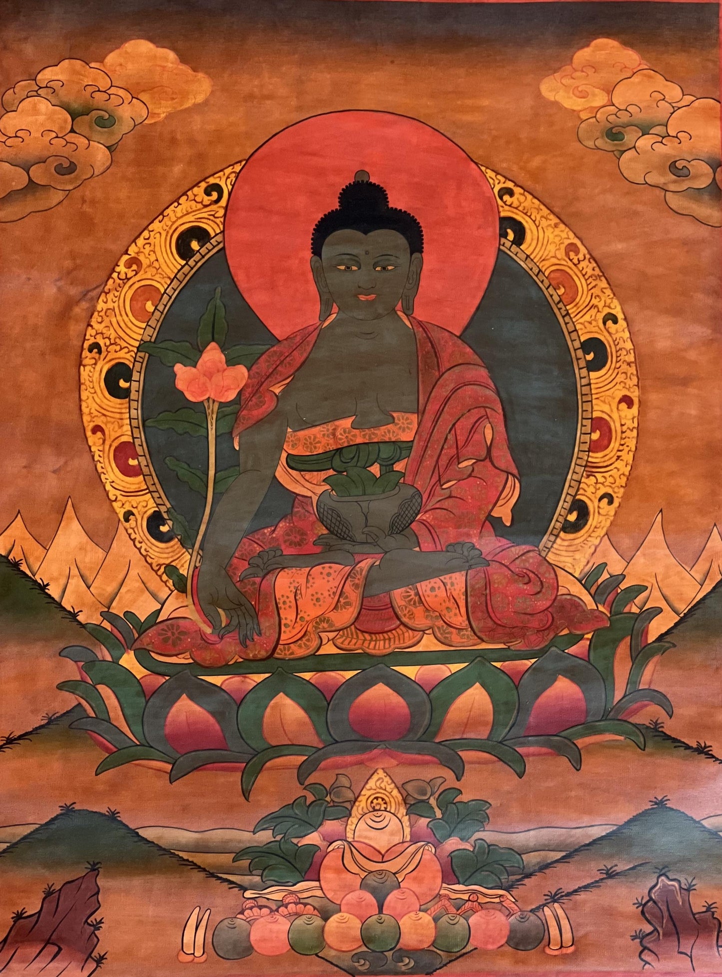 Hand-Painted Medicine Buddha Thangka Painting, Framed Silk Brocade, Tibetan Art