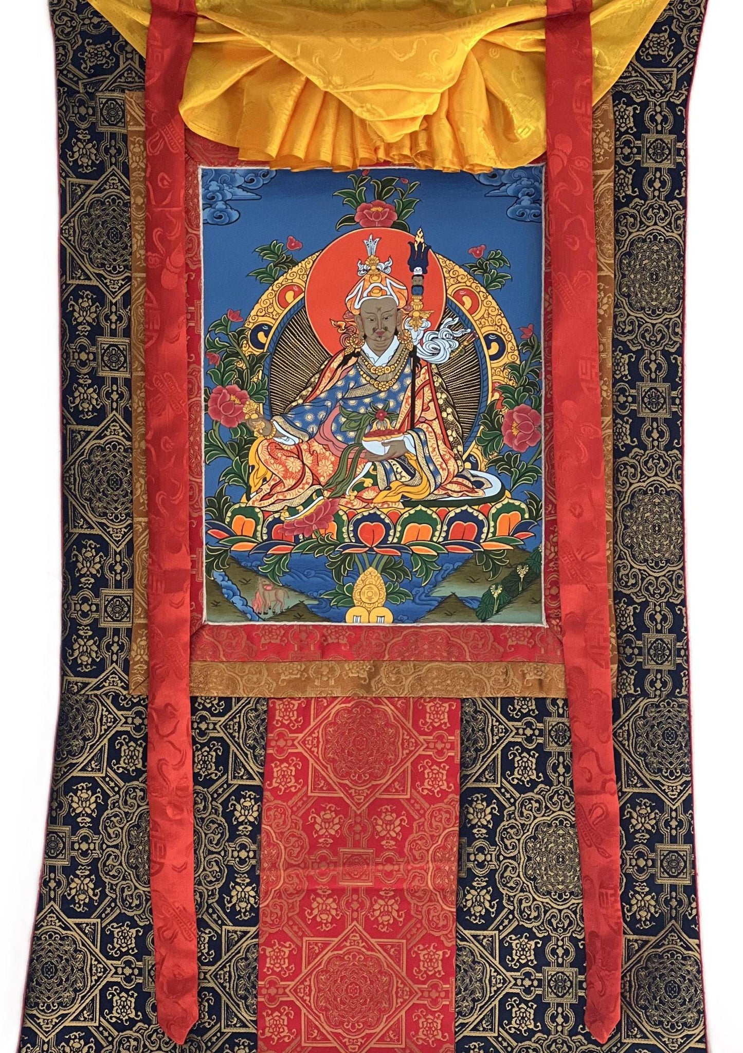 Hand-Painted Guru Rinpoche Thangka Painting with Silk Brocade