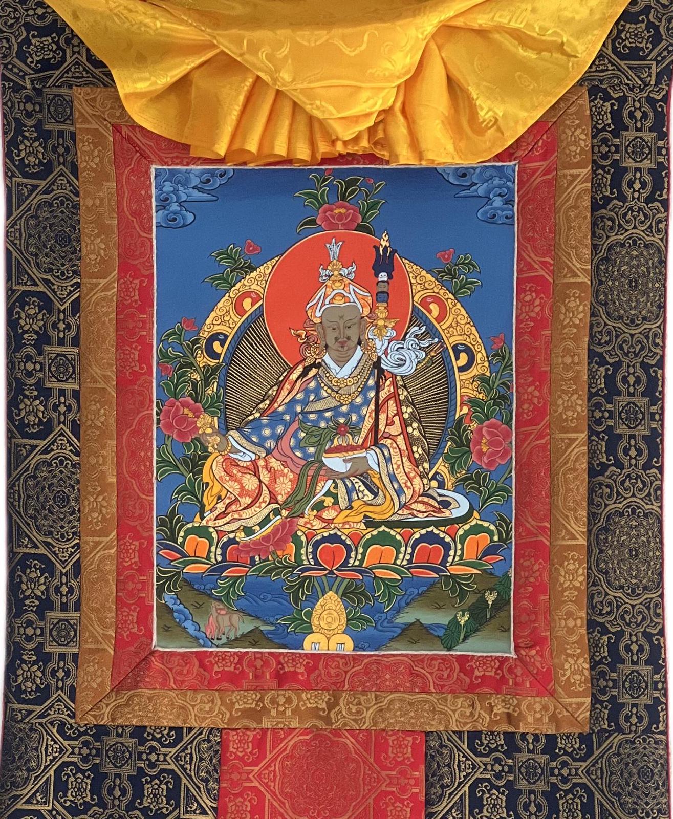 Hand-Painted Guru Rinpoche Thangka Painting with Silk Brocade