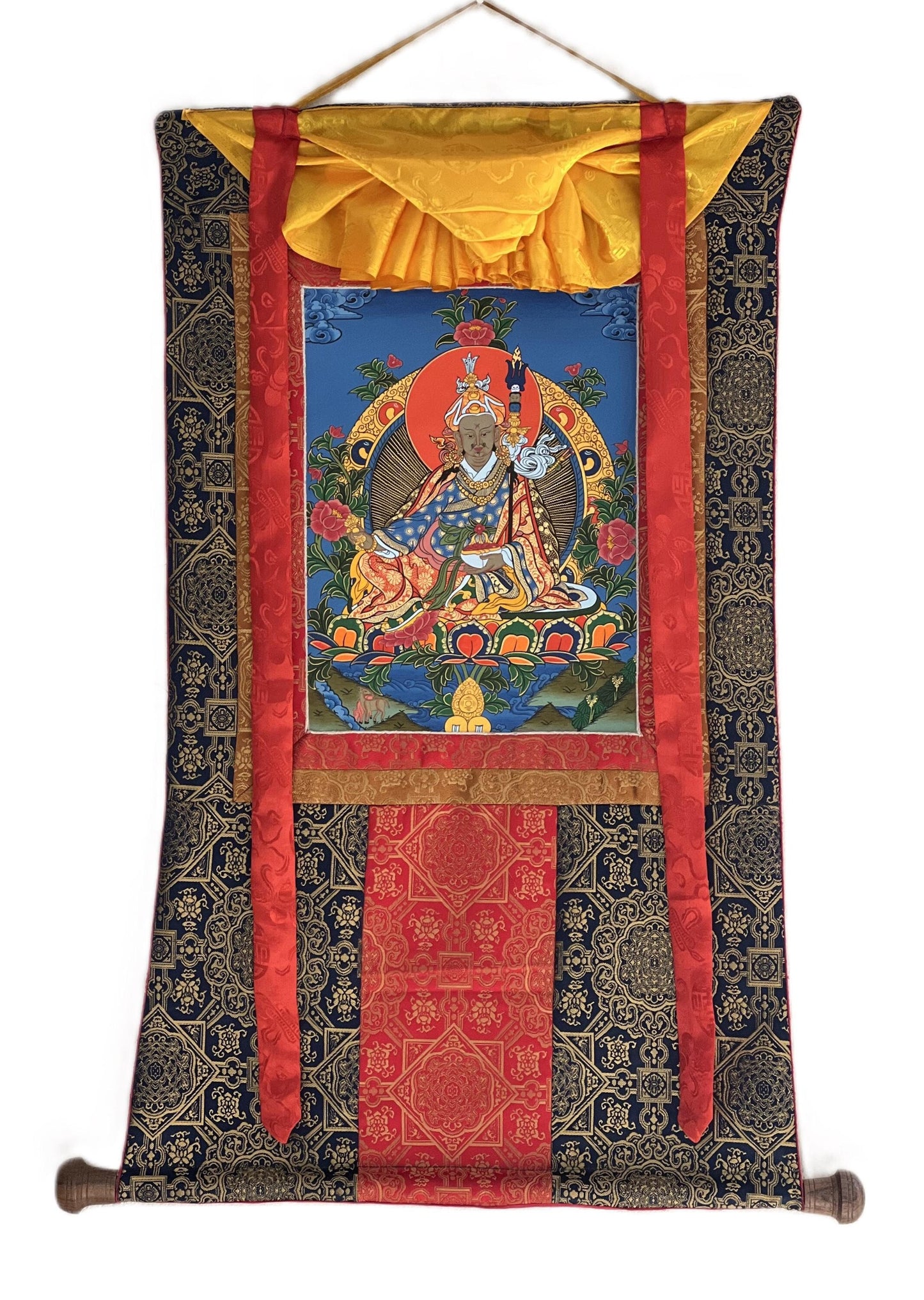 Hand-Painted Guru Rinpoche Thangka Painting with Silk Brocade