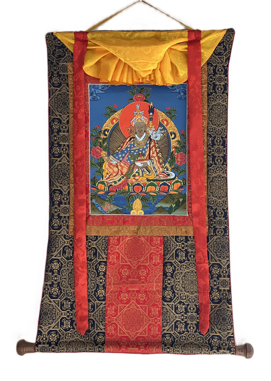 Hand-Painted Guru Rinpoche Thangka Painting with Silk Brocade