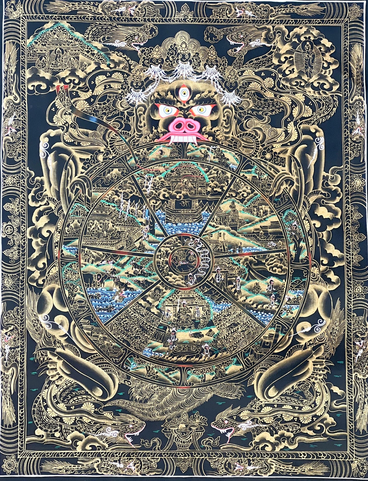 Hand-Painted Wheel of Life Thangka, Black and Gold Mandala Art (18x24-Inch)