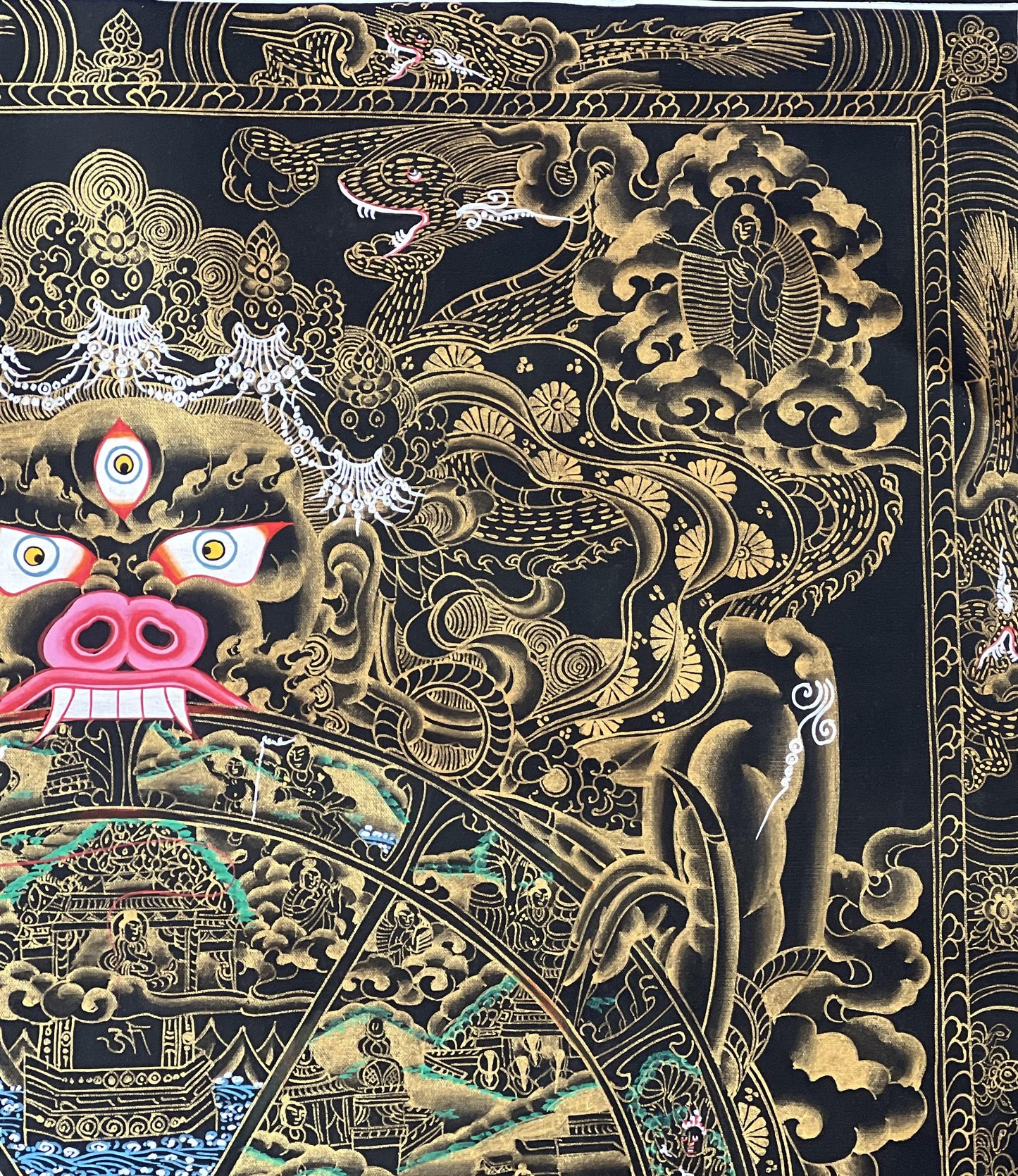 Hand-Painted Wheel of Life Thangka, Black and Gold Mandala Art (18x24-Inch)