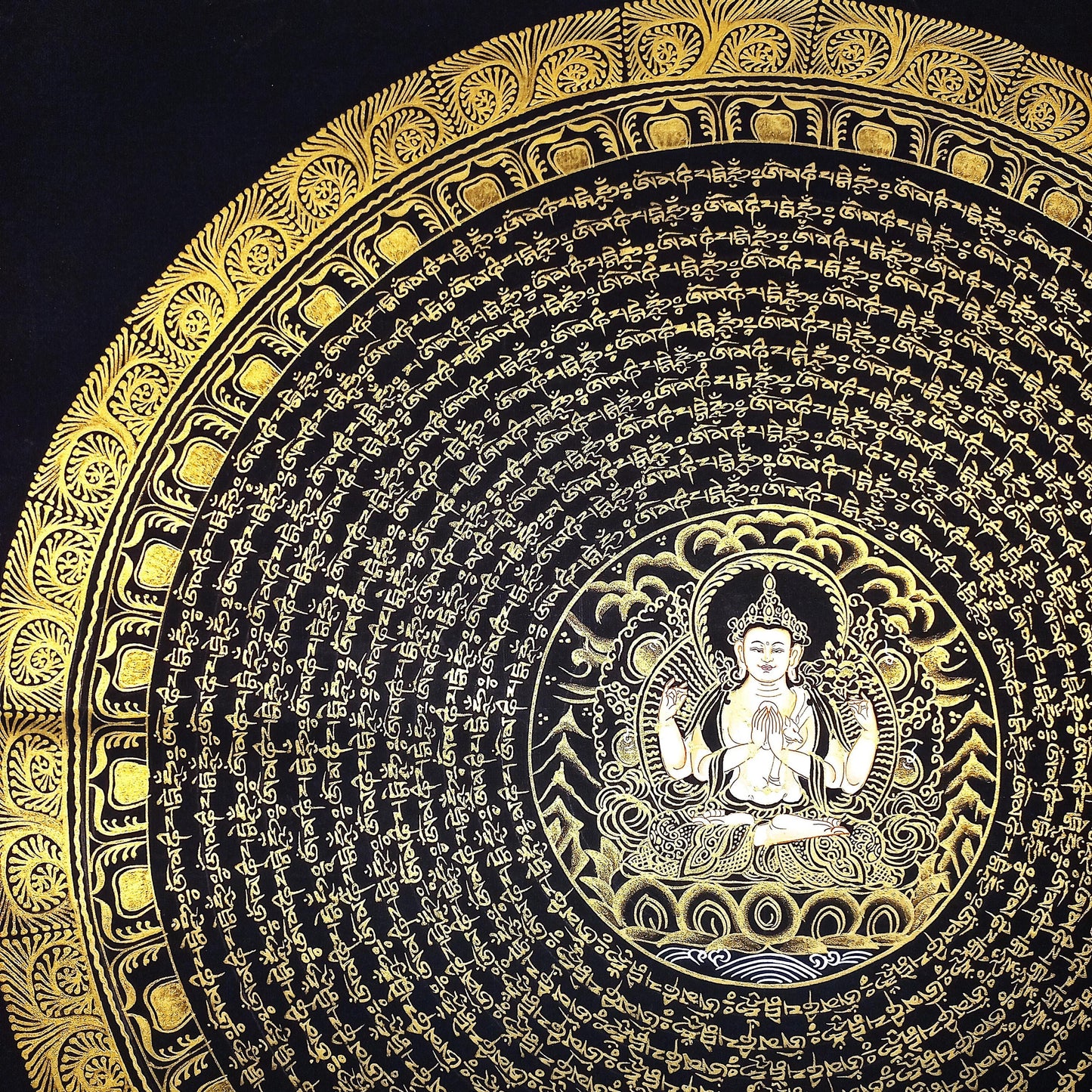 Hand-Painted Chenrezig Mandala, Black & Gold Tibetan Thangka, 20x20 Inch
