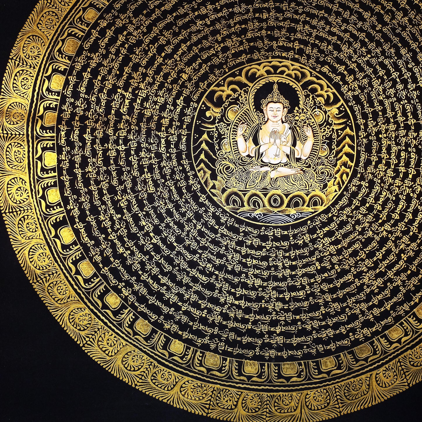 Hand-Painted Chenrezig Mandala, Black & Gold Tibetan Thangka, 20x20 Inch