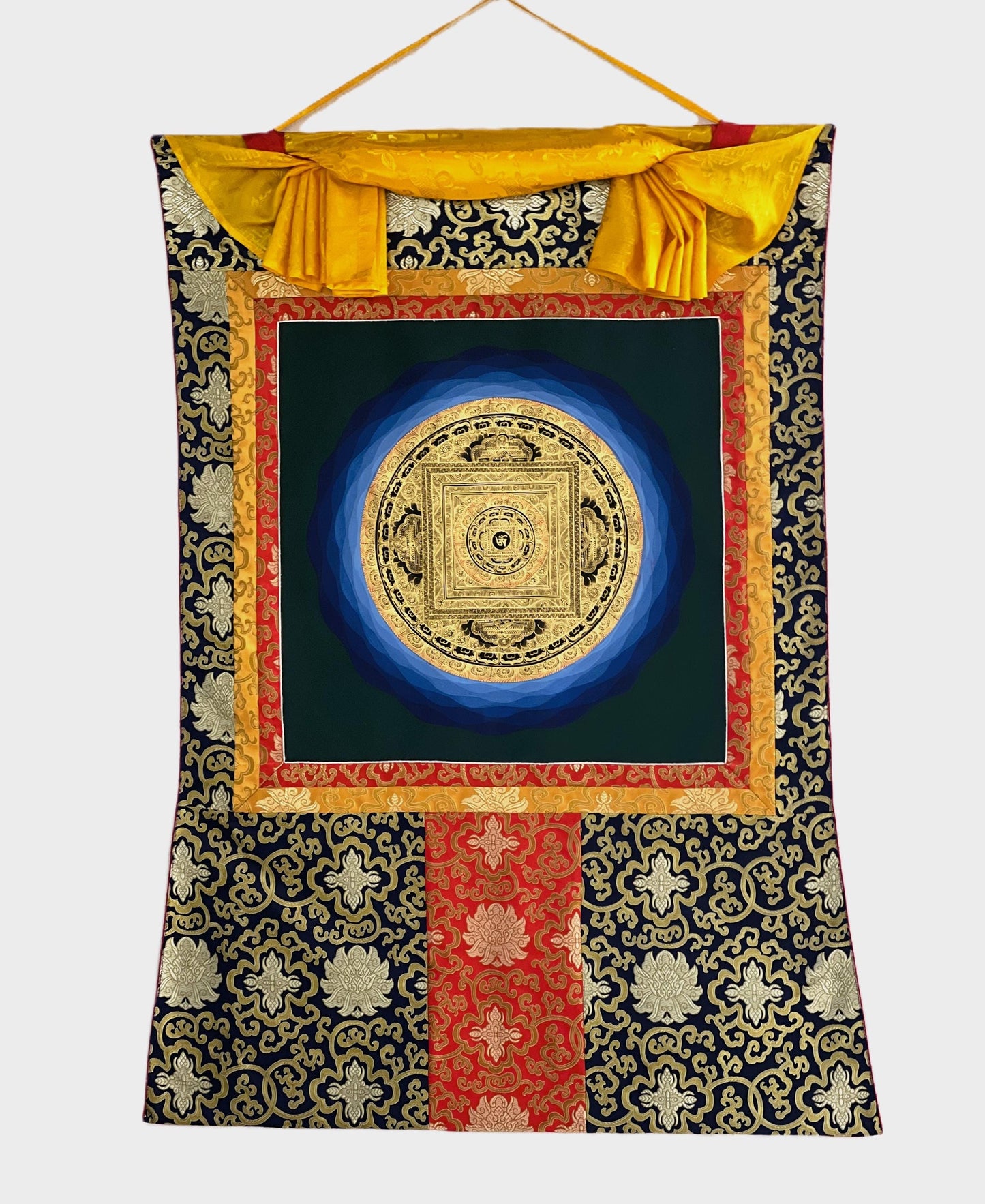 Hand-Painted Om Mantra Mandala Thangka | Tibetan Meditation Art, Silk Brocade