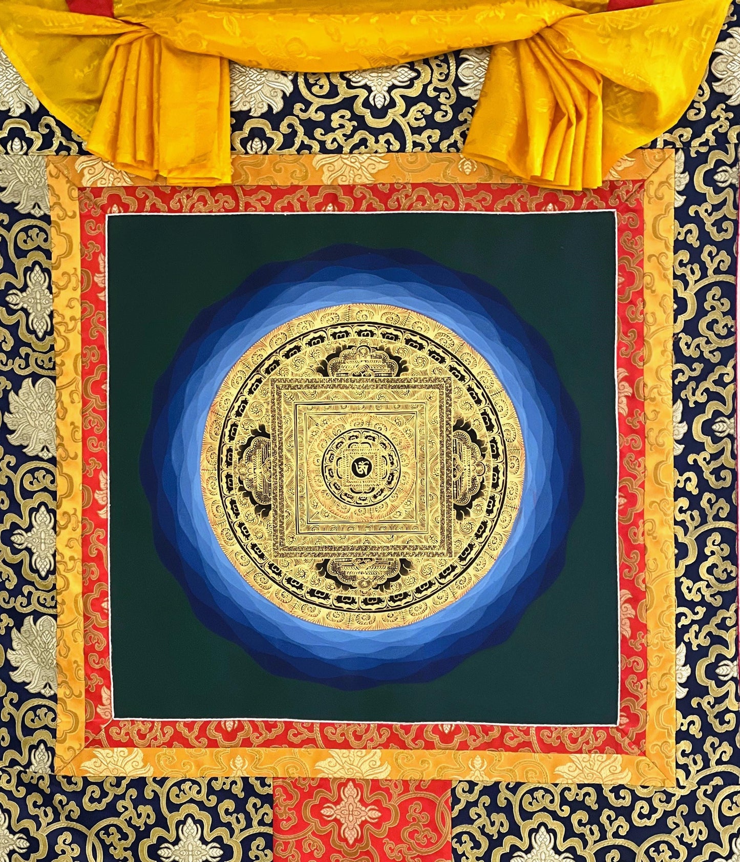 Hand-Painted Om Mantra Mandala Thangka | Tibetan Meditation Art, Silk Brocade