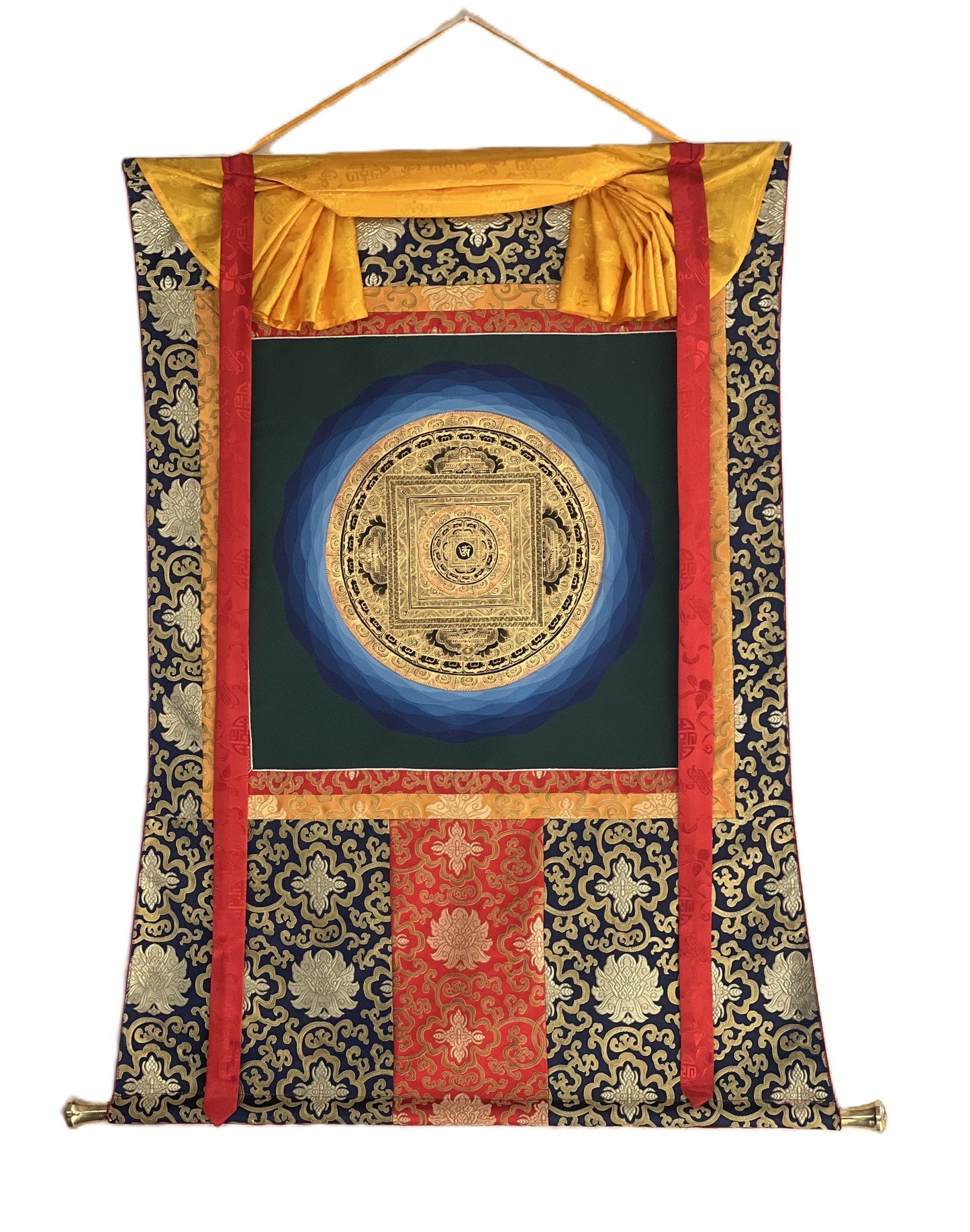 Hand-Painted Om Mantra Mandala Thangka | Tibetan Meditation Art, Silk Brocade
