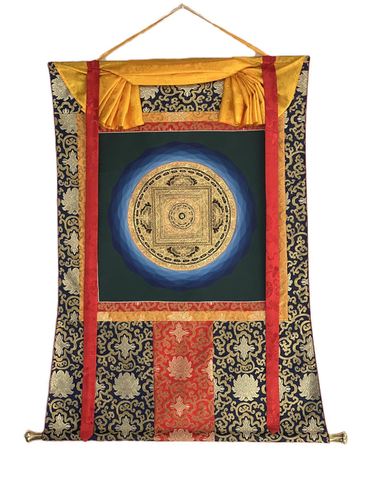 Hand-Painted Om Mantra Mandala Thangka | Tibetan Meditation Art, Silk Brocade