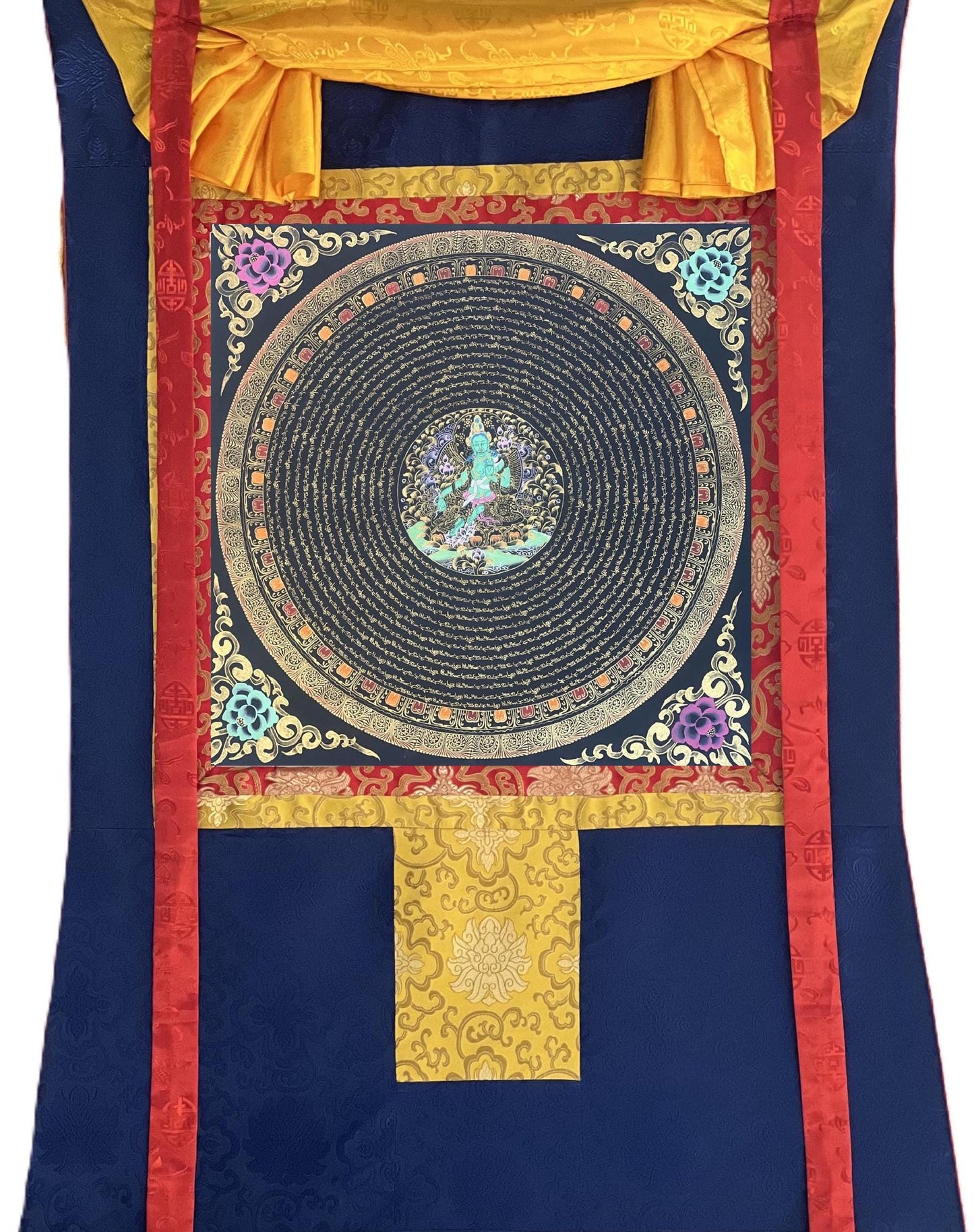 Hand-Painted Green Tara Mandala Thangka | Tibetan Meditation Art, Silk Brocade
