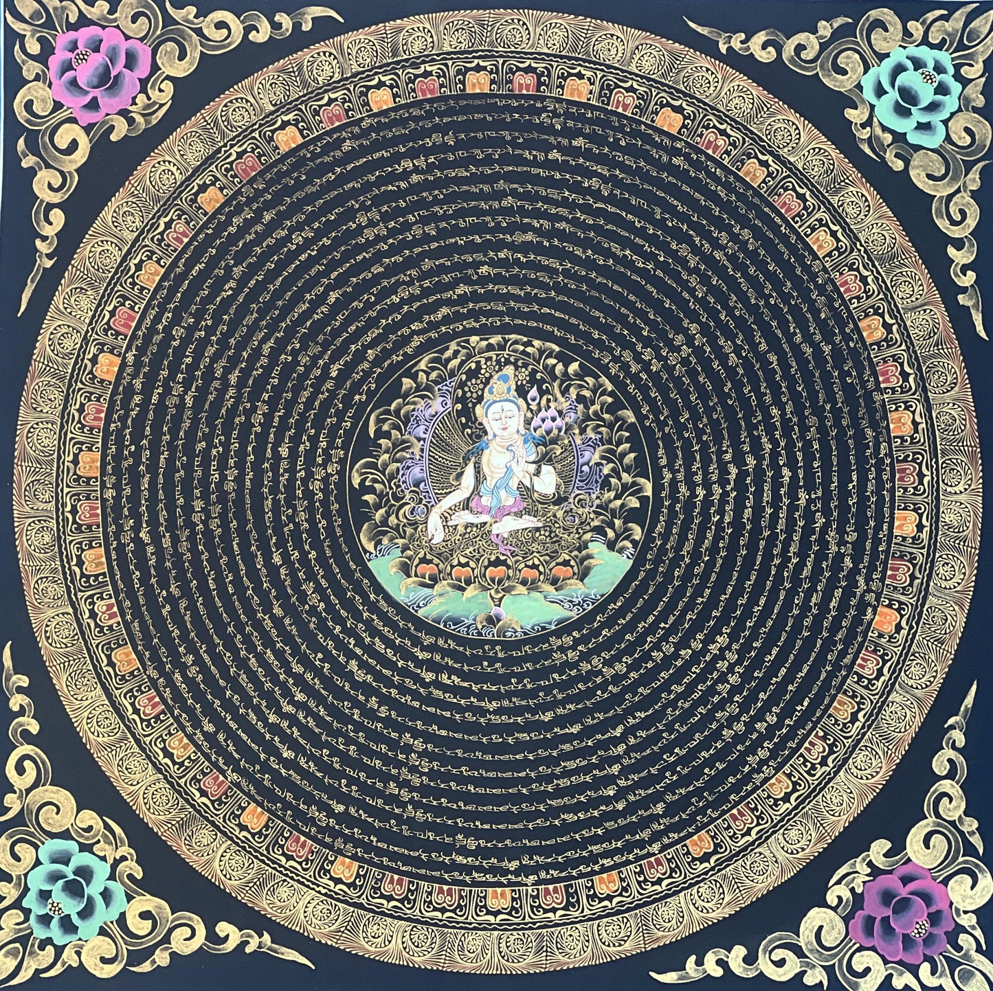 Hand Painted White Tara Mandala Thangka with Silk Brocade
