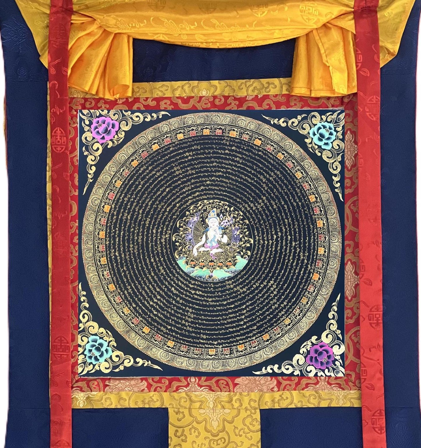 Hand Painted White Tara Mandala Thangka with Silk Brocade