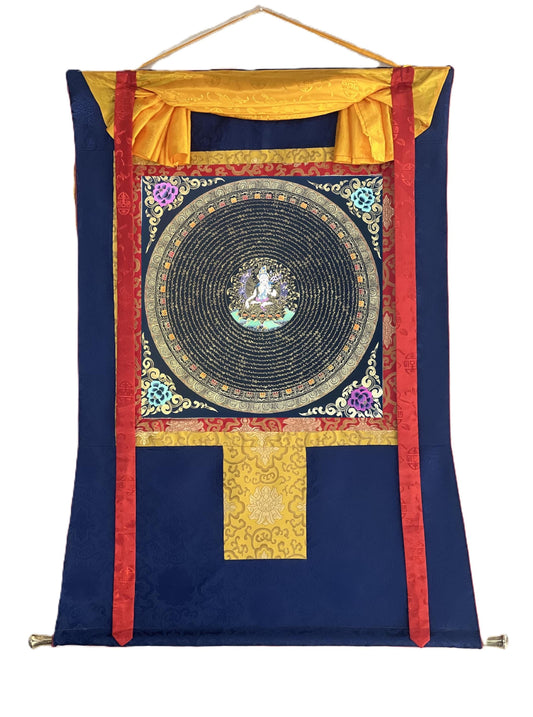 Hand Painted White Tara Mandala Thangka with Silk Brocade