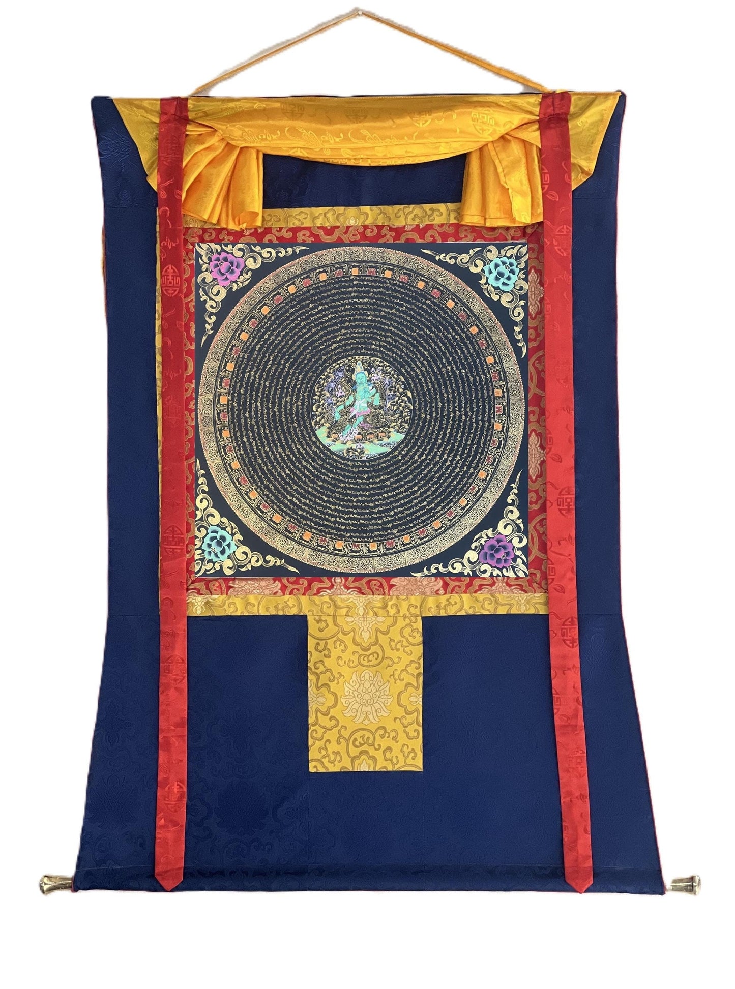 Hand-Painted Green Tara Mandala Thangka | Tibetan Meditation Art, Silk Brocade