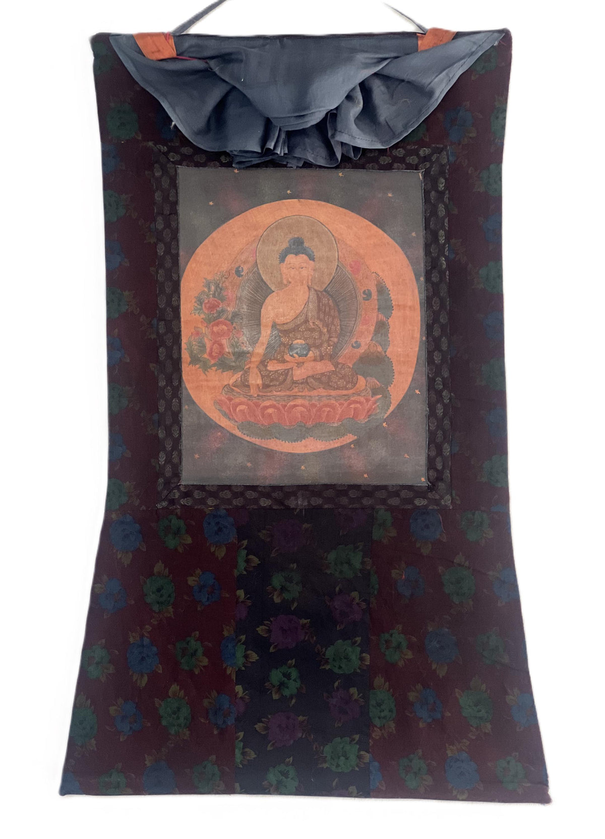 Old Tibetan Buddha Thangka Painting  Varnished Buddhist Art, Cotton Brocade Frame