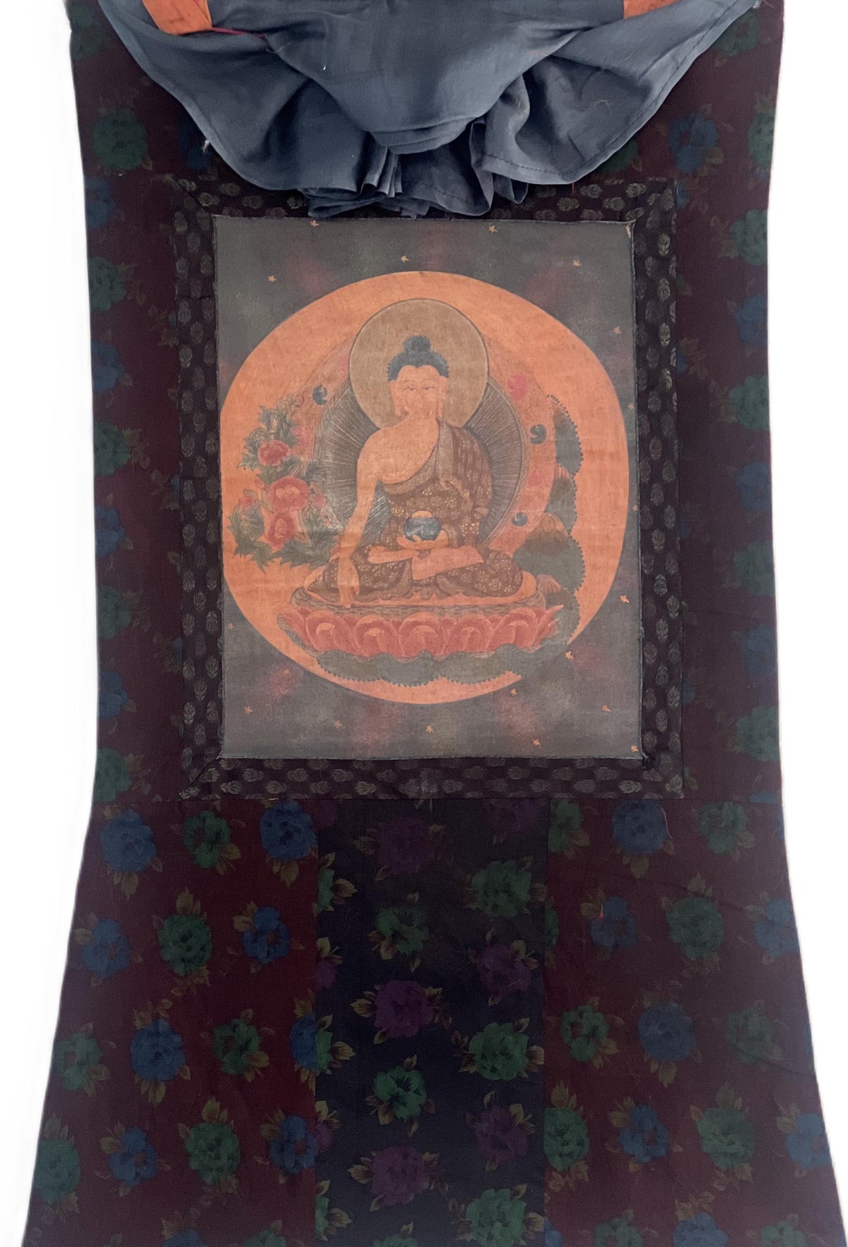 Old Tibetan Buddha Thangka Painting  Varnished Buddhist Art, Cotton Brocade Frame