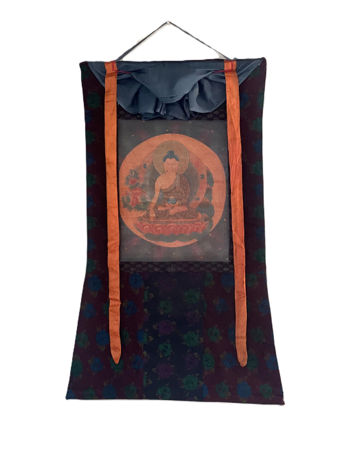 Old Tibetan Buddha Thangka Painting  Varnished Buddhist Art, Cotton Brocade Frame