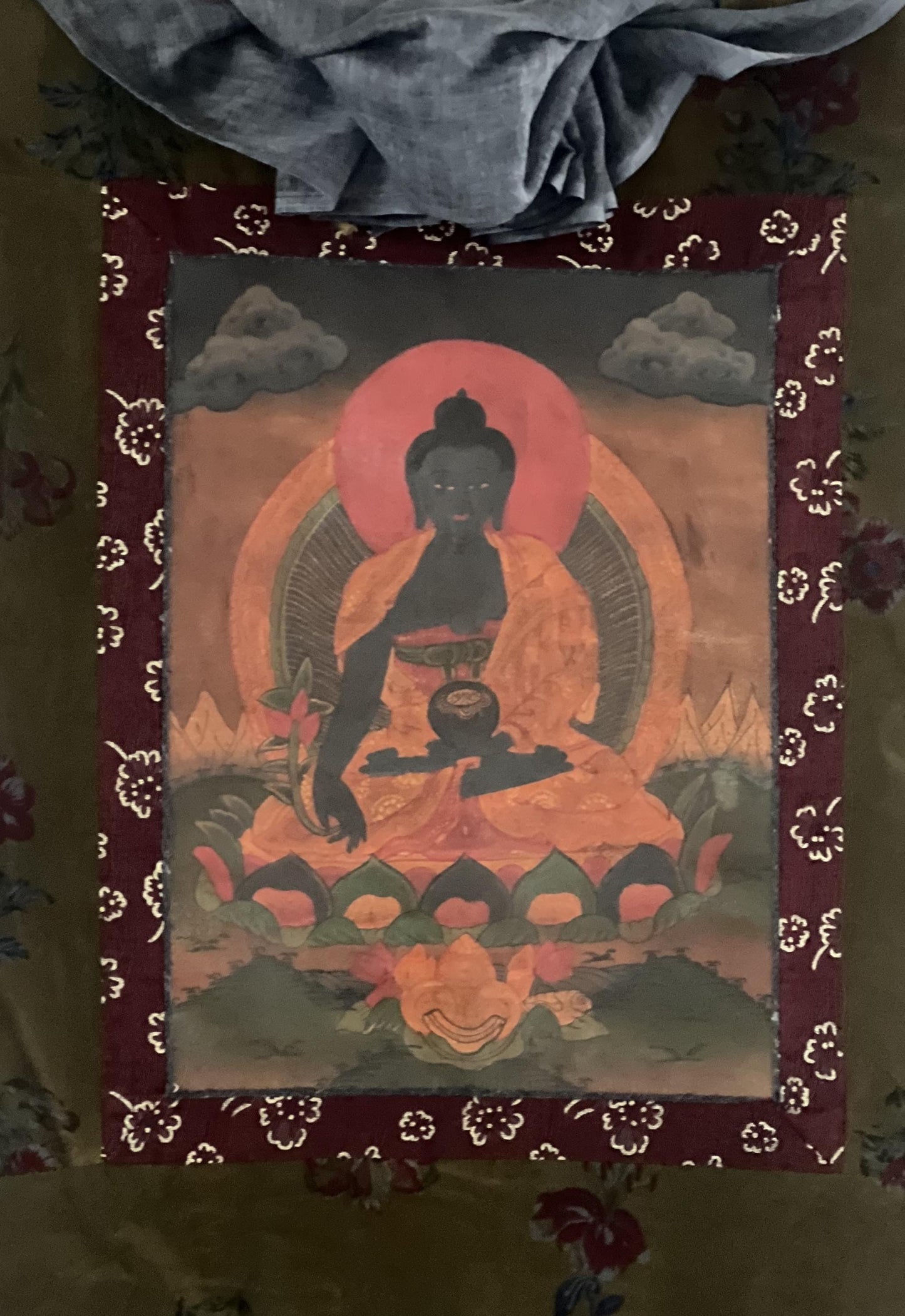 Antique Medicine Buddha Thangka Painting, Tibetan God of Healing