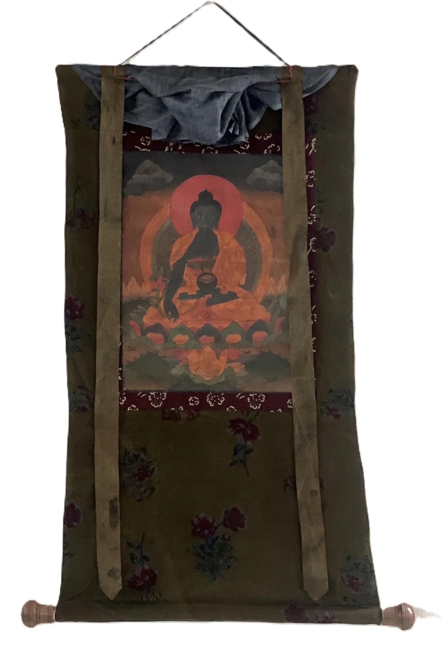 Antique Medicine Buddha Thangka Painting, Tibetan God of Healing