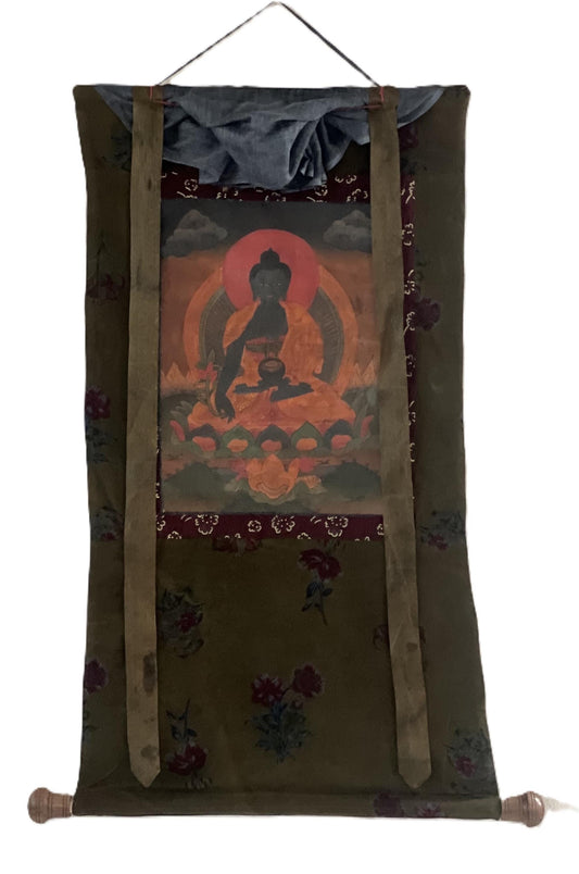 Antique Medicine Buddha Thangka Painting, Tibetan God of Healing