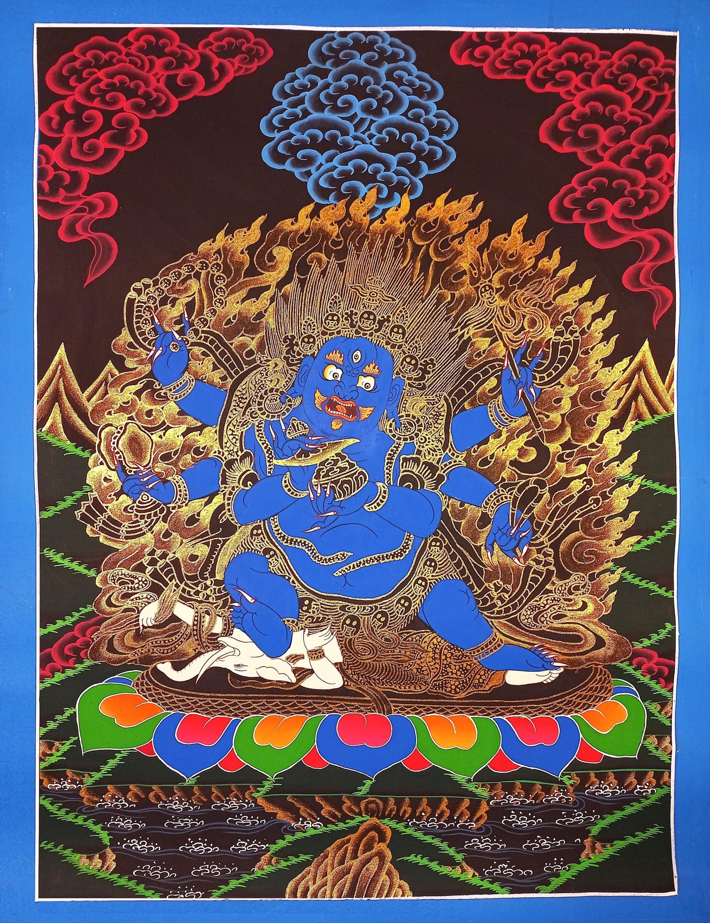 Hand-Painted Black Mahakala Thangka – Tibetan Protector of Wisdom, Nepal (17x24 inch)