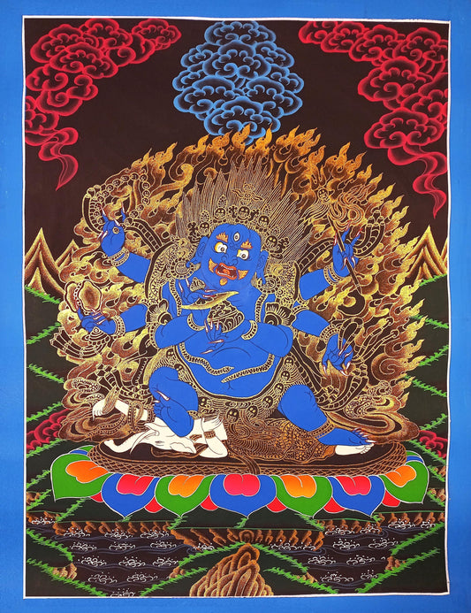 Hand-Painted Black Mahakala Thangka – Tibetan Protector of Wisdom, Nepal (17x24 inch)