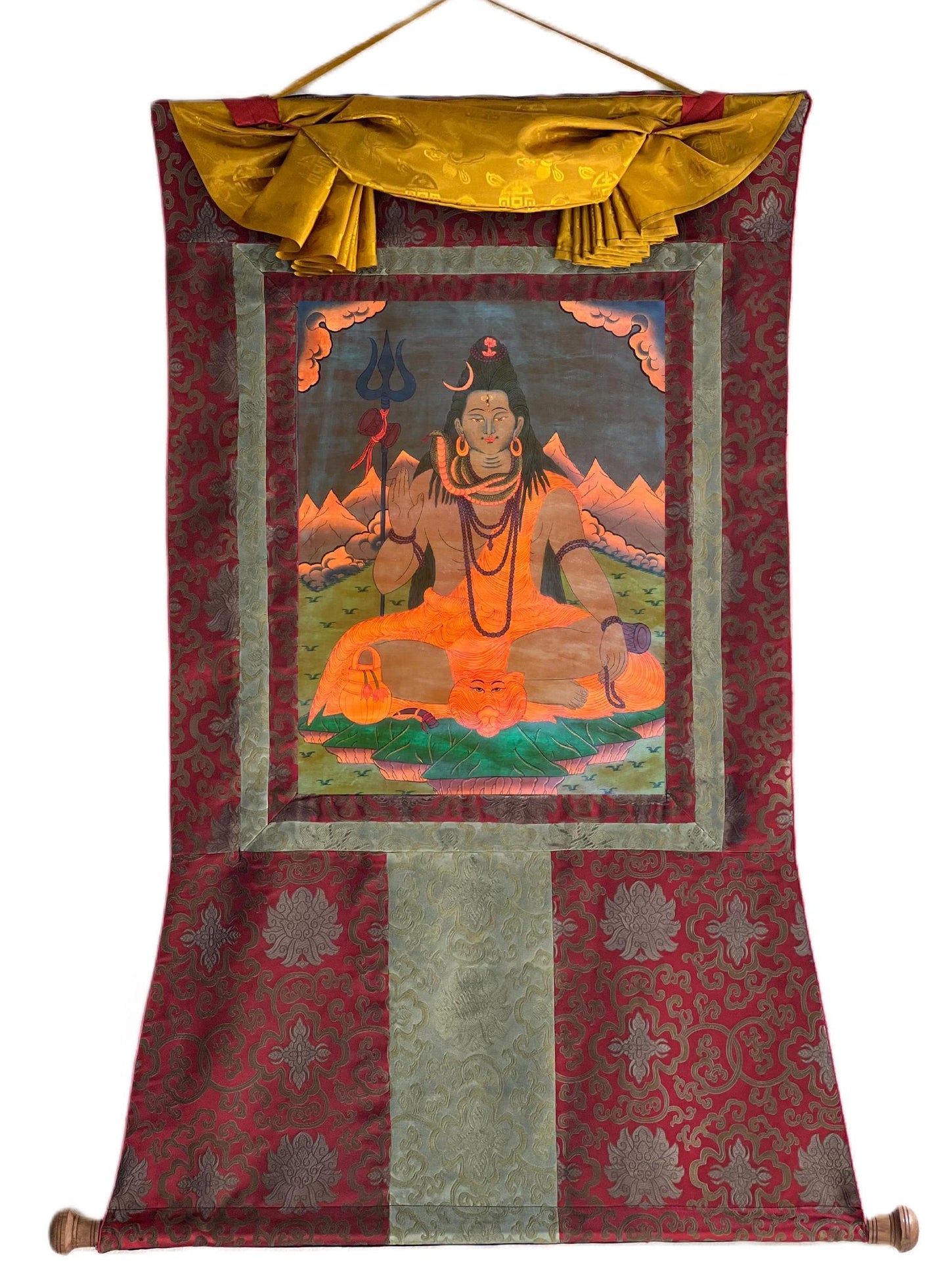 Hand-Painted Shiva Thangka Painting with Silk Brocade, Oil Varnished