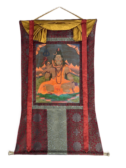 Hand-Painted Shiva Thangka Painting with Silk Brocade, Oil Varnished