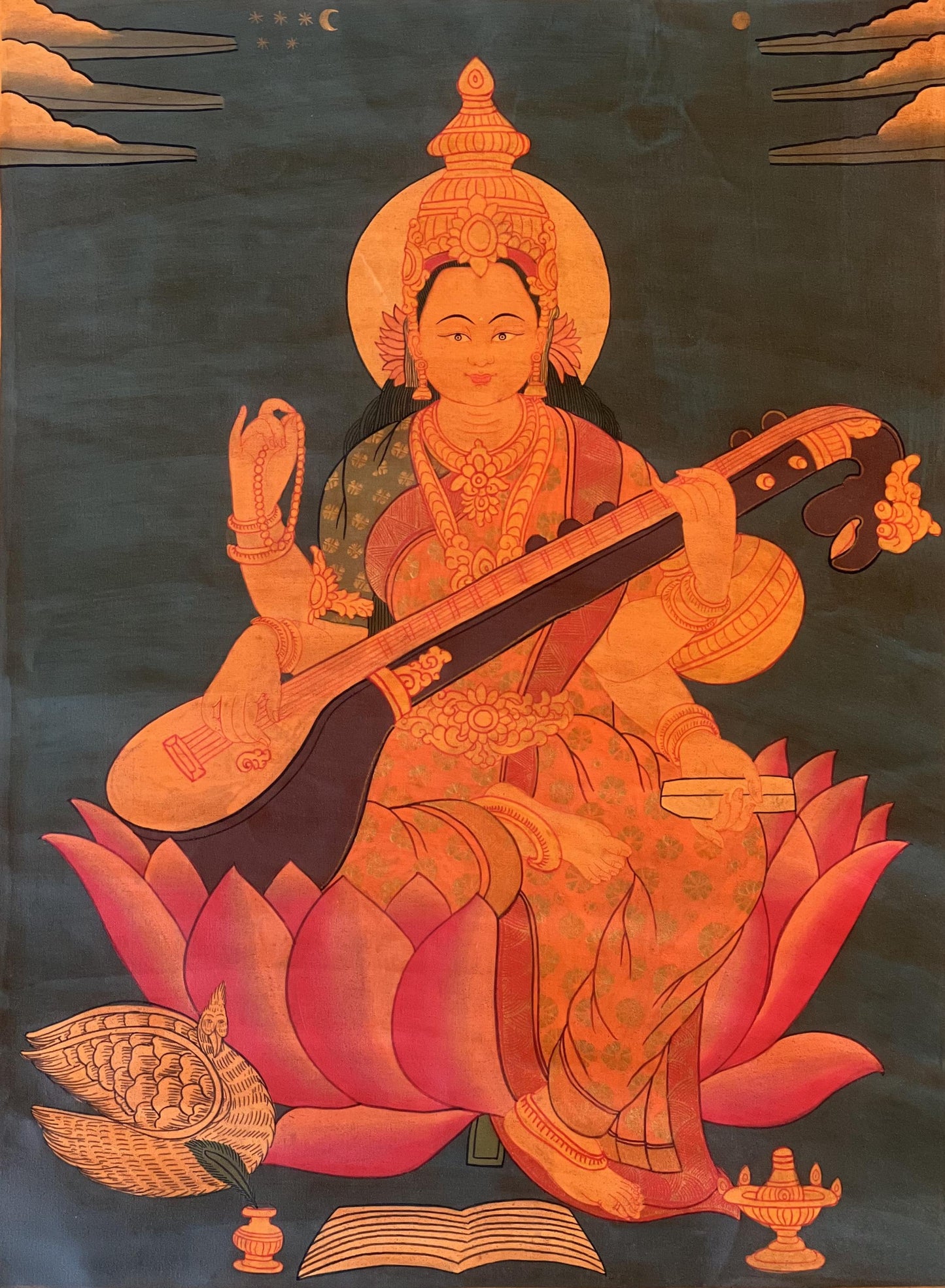 Hand-Painted Saraswati Thangka Painting with Silk Brocade
