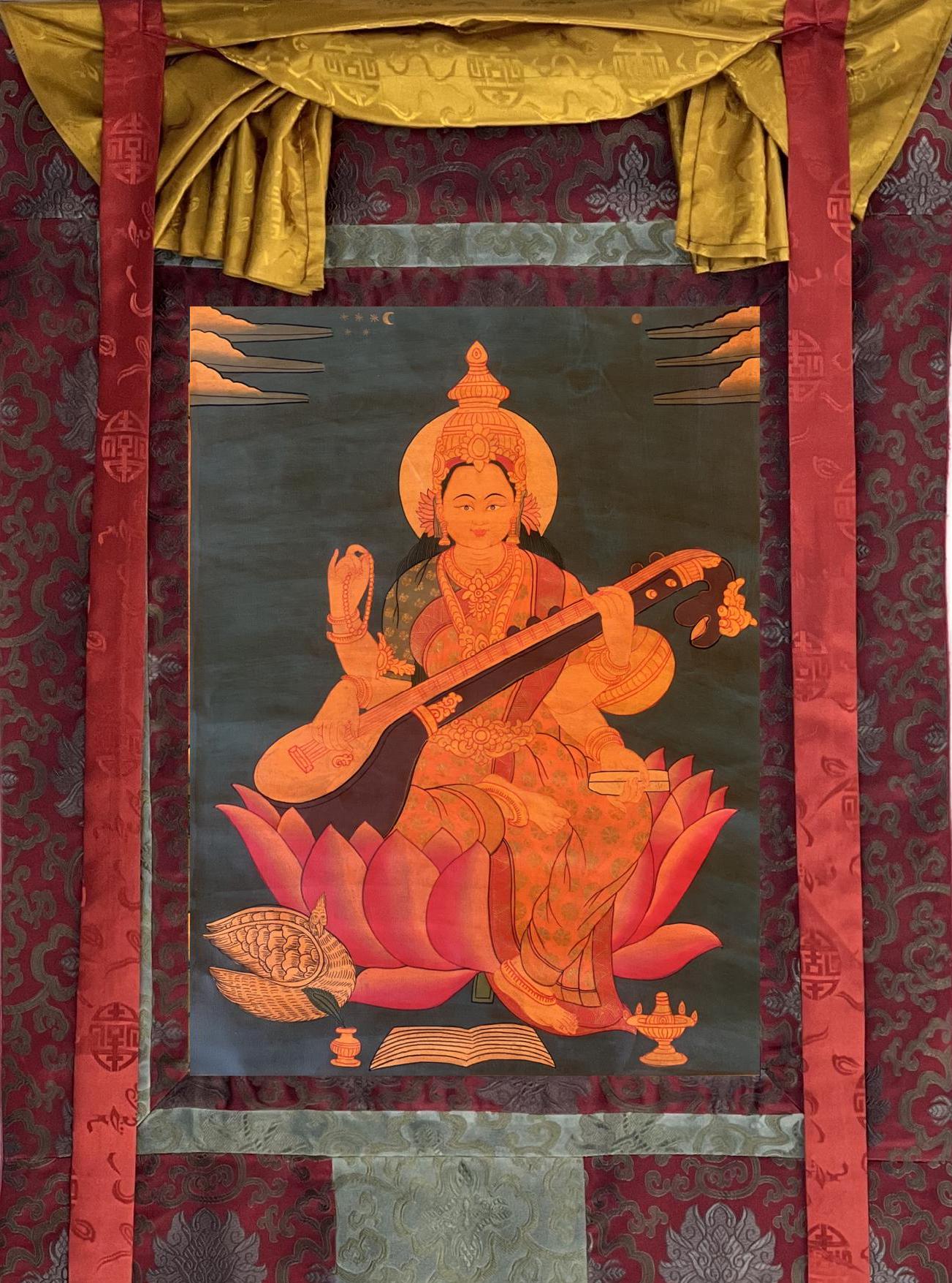 Hand-Painted Saraswati Thangka Painting with Silk Brocade