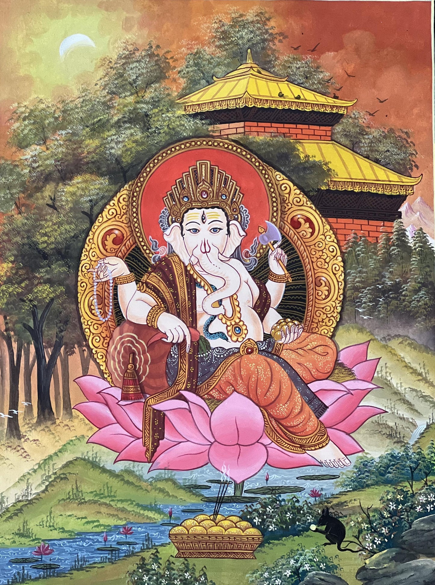 Original Hand-Painted Four-Armed Ganesha Thangka | Hindu Art Masterpiece | Newari Paubha Style Ganapati Painting