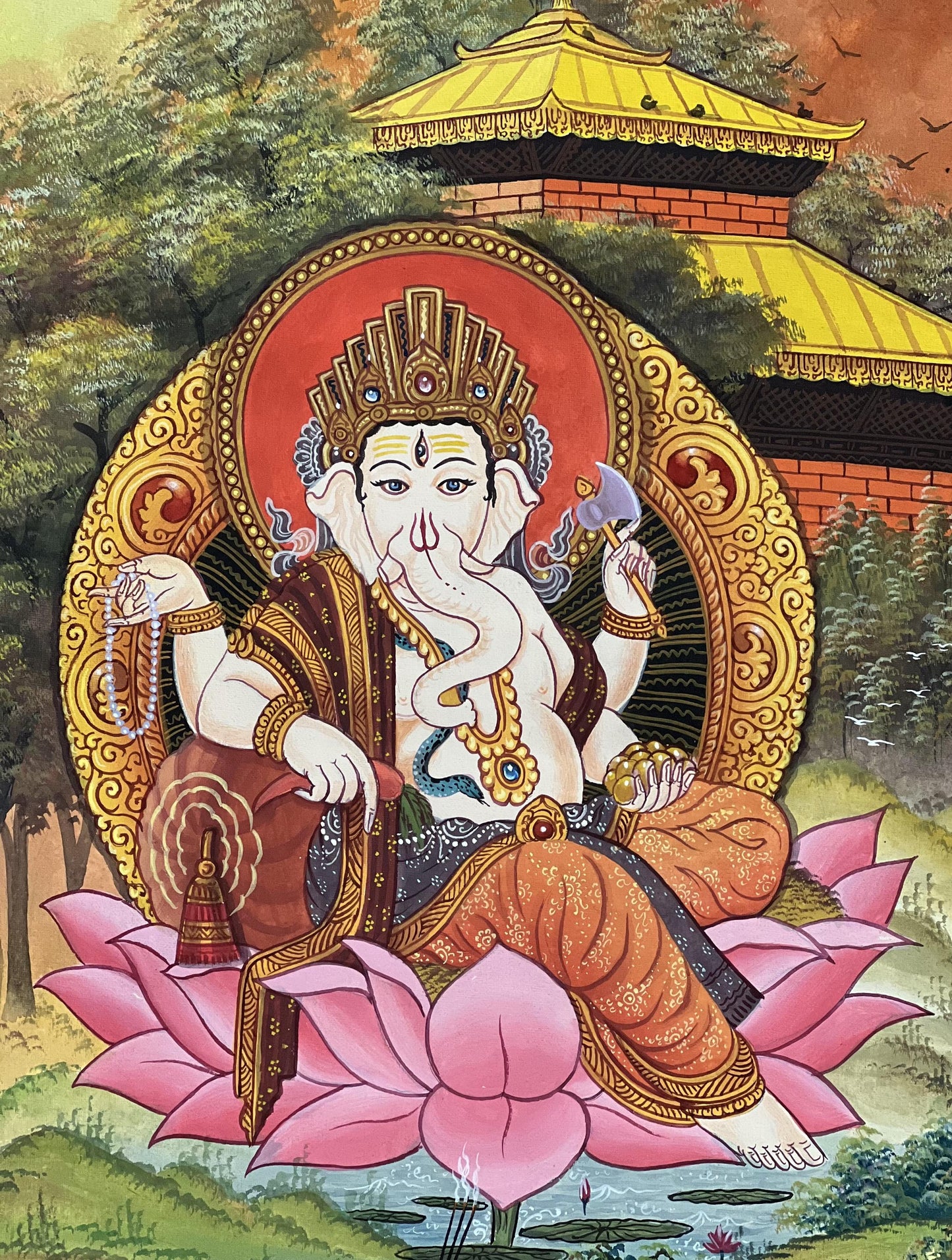 Original Hand-Painted Four-Armed Ganesha Thangka | Hindu Art Masterpiece | Newari Paubha Style Ganapati Painting