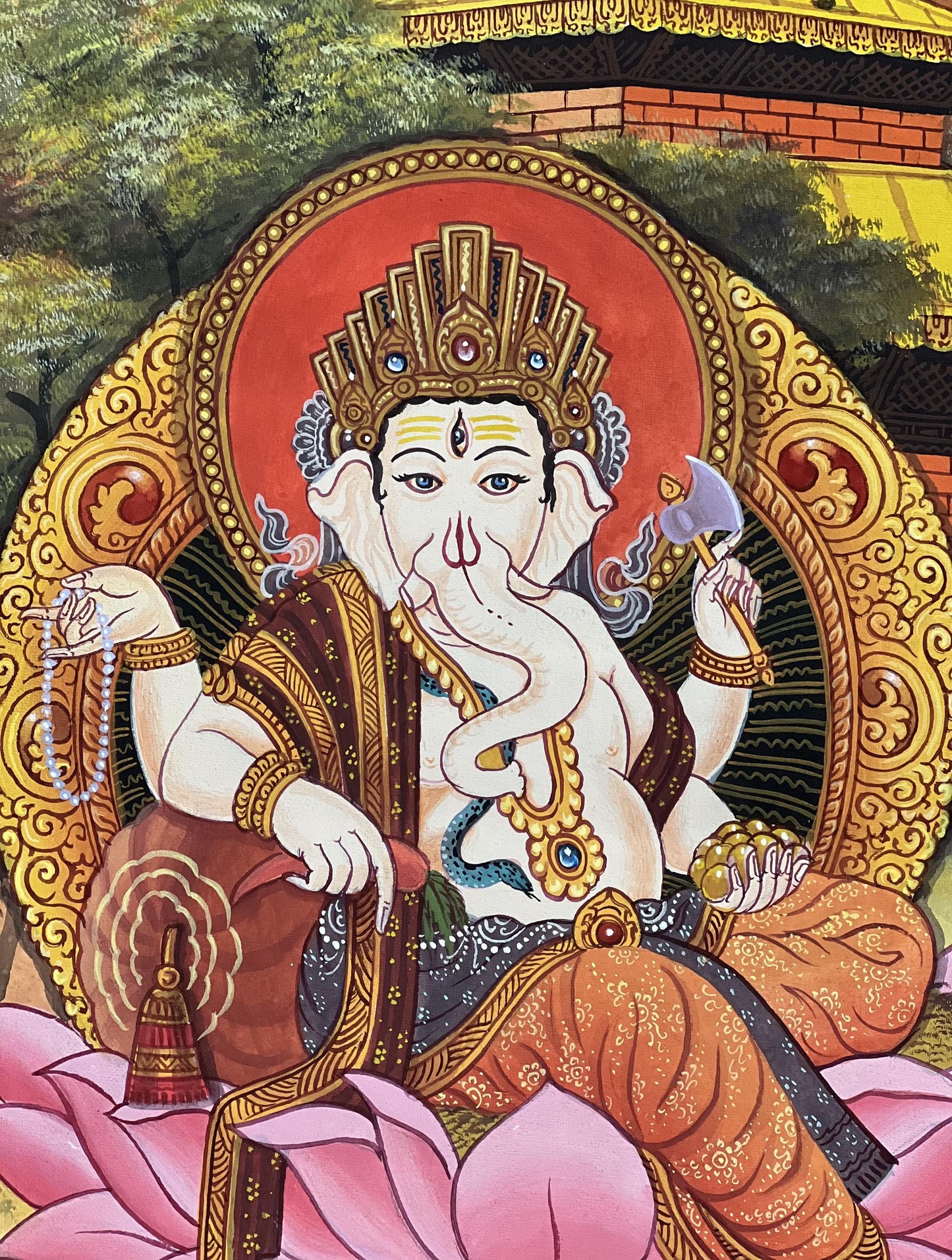 Original Hand-Painted Four-Armed Ganesha Thangka | Hindu Art Masterpiece | Newari Paubha Style Ganapati Painting