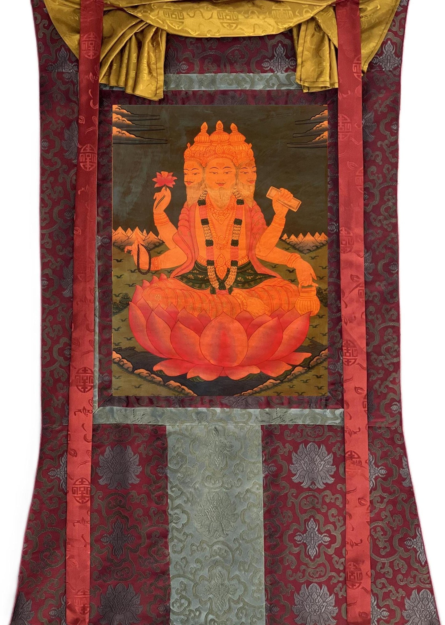 Hand-Painted Lord Brahma Thangka Painting with Silk Brocade, Oil Varnished