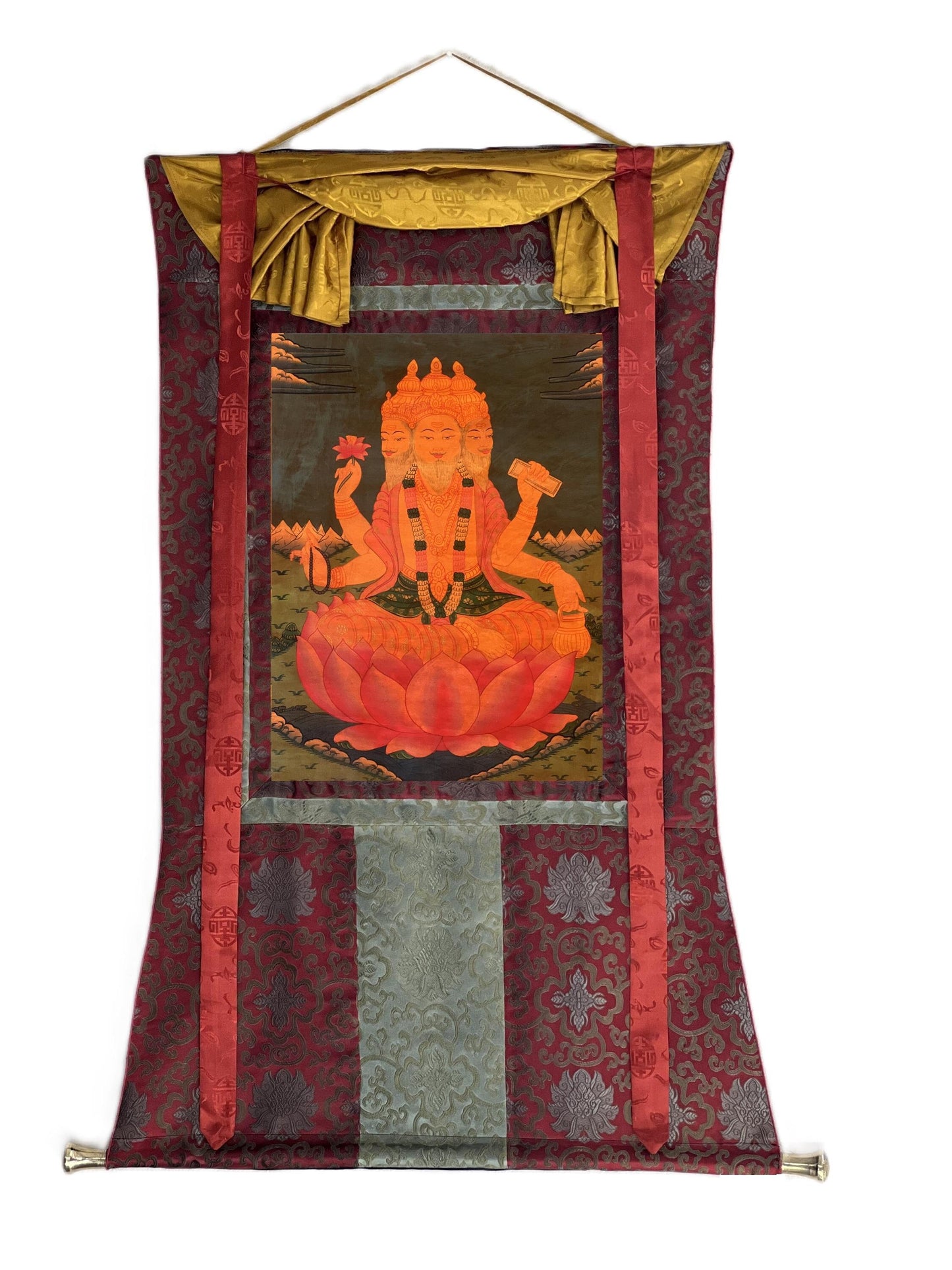 Hand-Painted Lord Brahma Thangka Painting with Silk Brocade, Oil Varnished