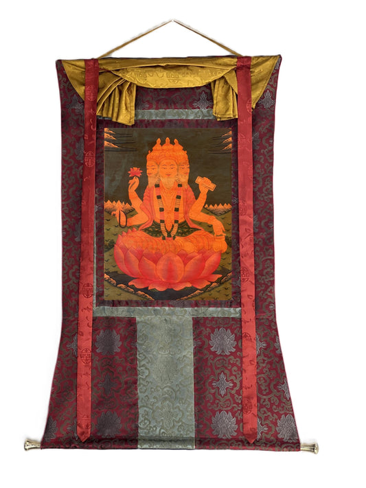 Hand-Painted Lord Brahma Thangka Painting with Silk Brocade, Oil Varnished