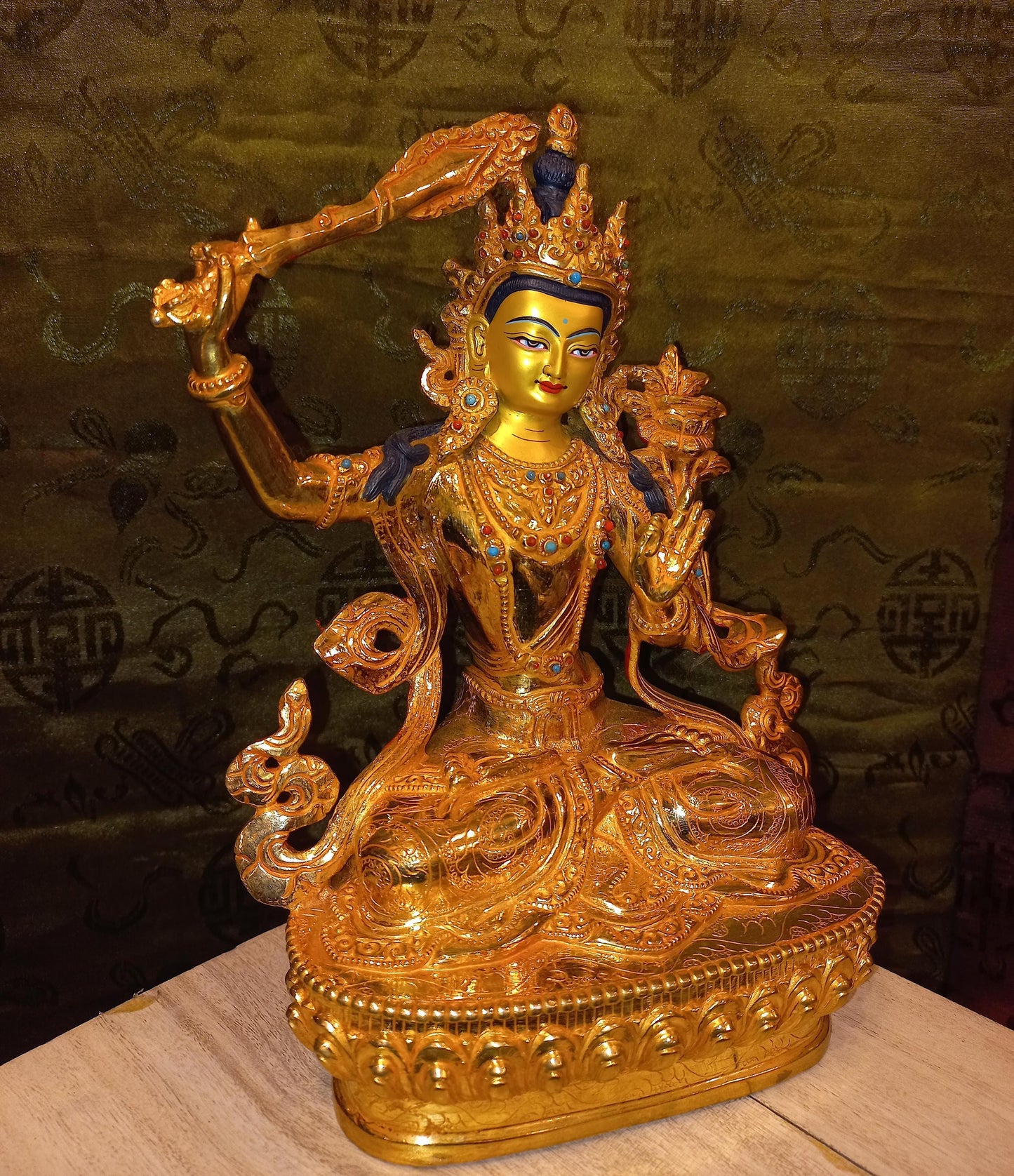 24K Gold Gilded Manjushri Statue | Handmade Nepal, Buddhist Art