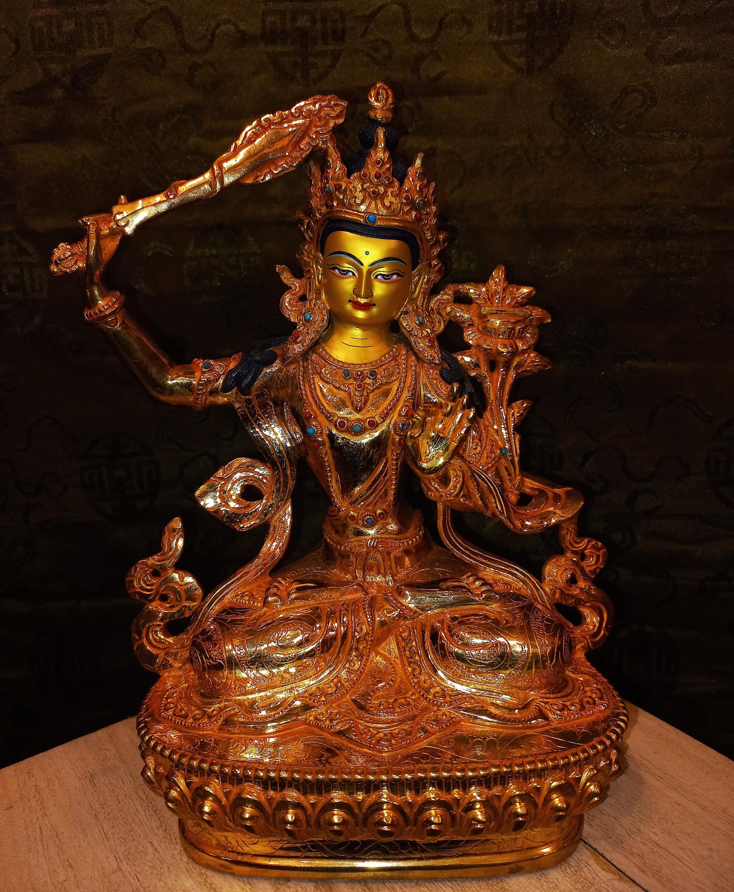 24K Gold Gilded Manjushri Statue | Handmade Nepal, Buddhist Art
