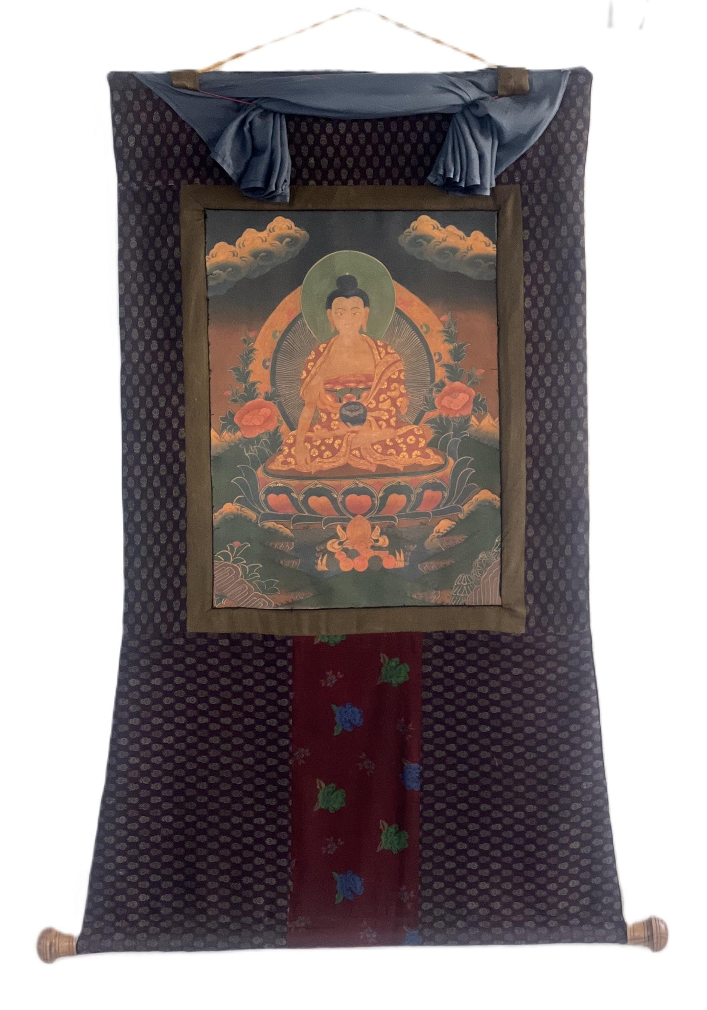 Hand-painted Shakyamuni Buddha Tibetan Thangka with Brocade